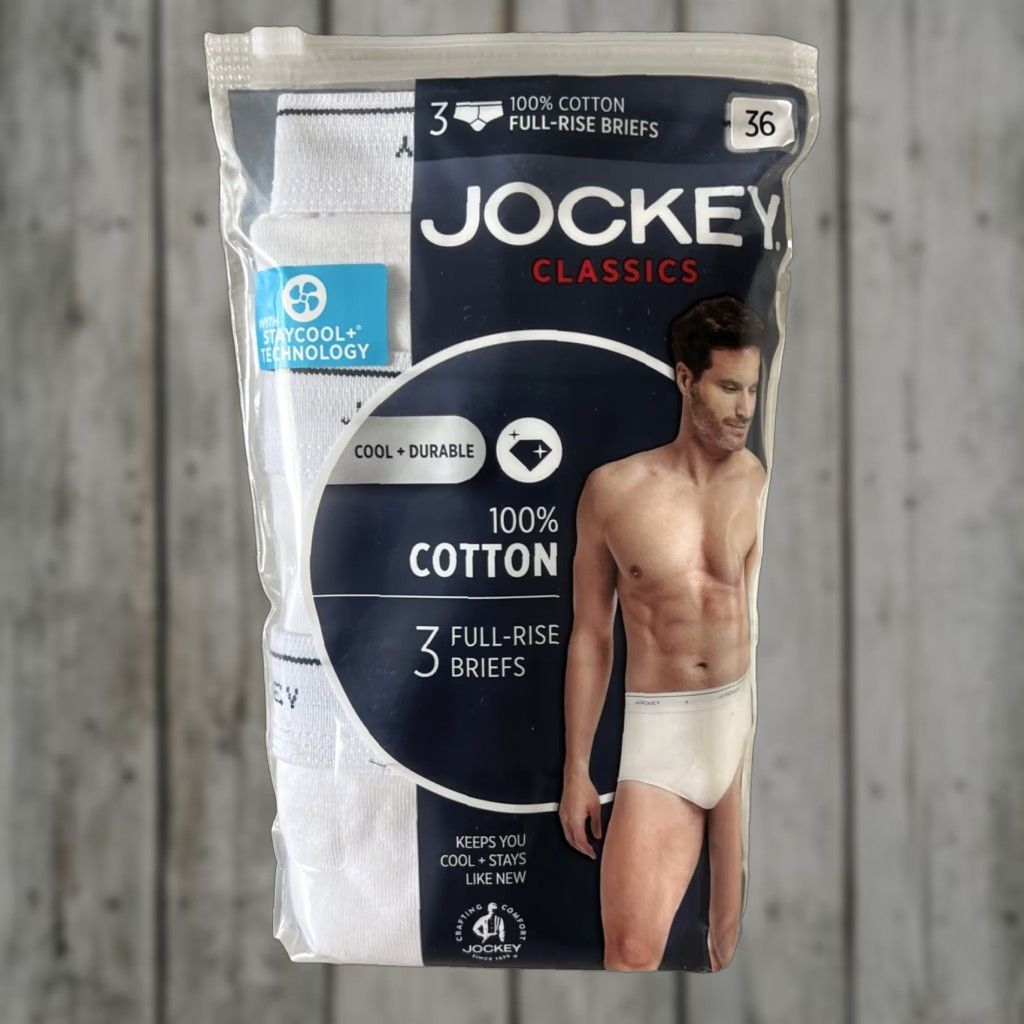 Jockey Men Brief White Full Rise 3 Pack 36 Cotton Classic Tighty Whities Underwear Regular Size 36 Mens