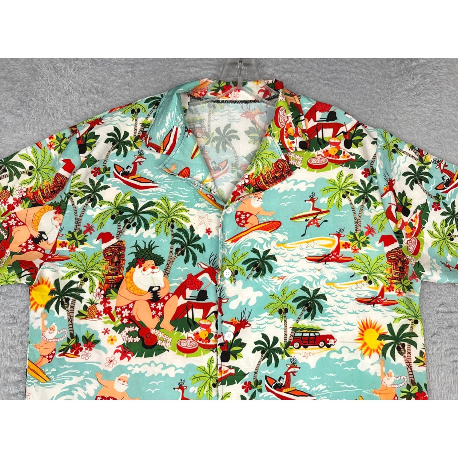 Vintage Hawaiian Christmas Shirt Adult Medium Blue Santa Reindeer Surf Palm Polyester Graphic Print Size US M / EU 48-50 / 2 - 4 Thumbnail