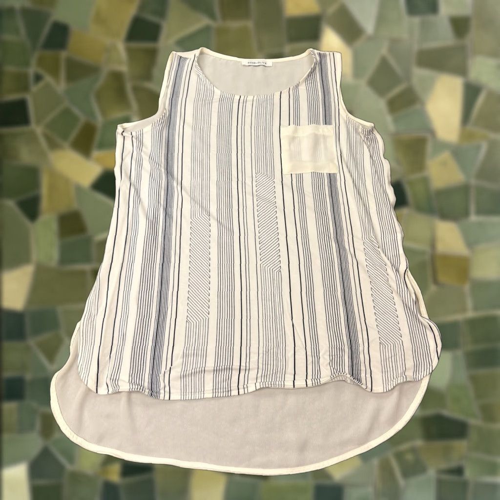 Vintage Rose + Olive Tank Top Womens Medium White Blue Stripe High Low Hem Pocket Tunic Sleeveless Scoop Neck Size M / US 6-8 / IT 42-44 - 1 Thumbnail