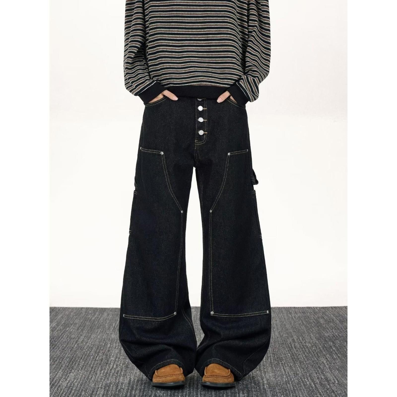 Vintage Black Wide Leg Denim Jeans, Loose Fit Carpenter Pants Size US 32 / EU 48 - 2 Thumbnail