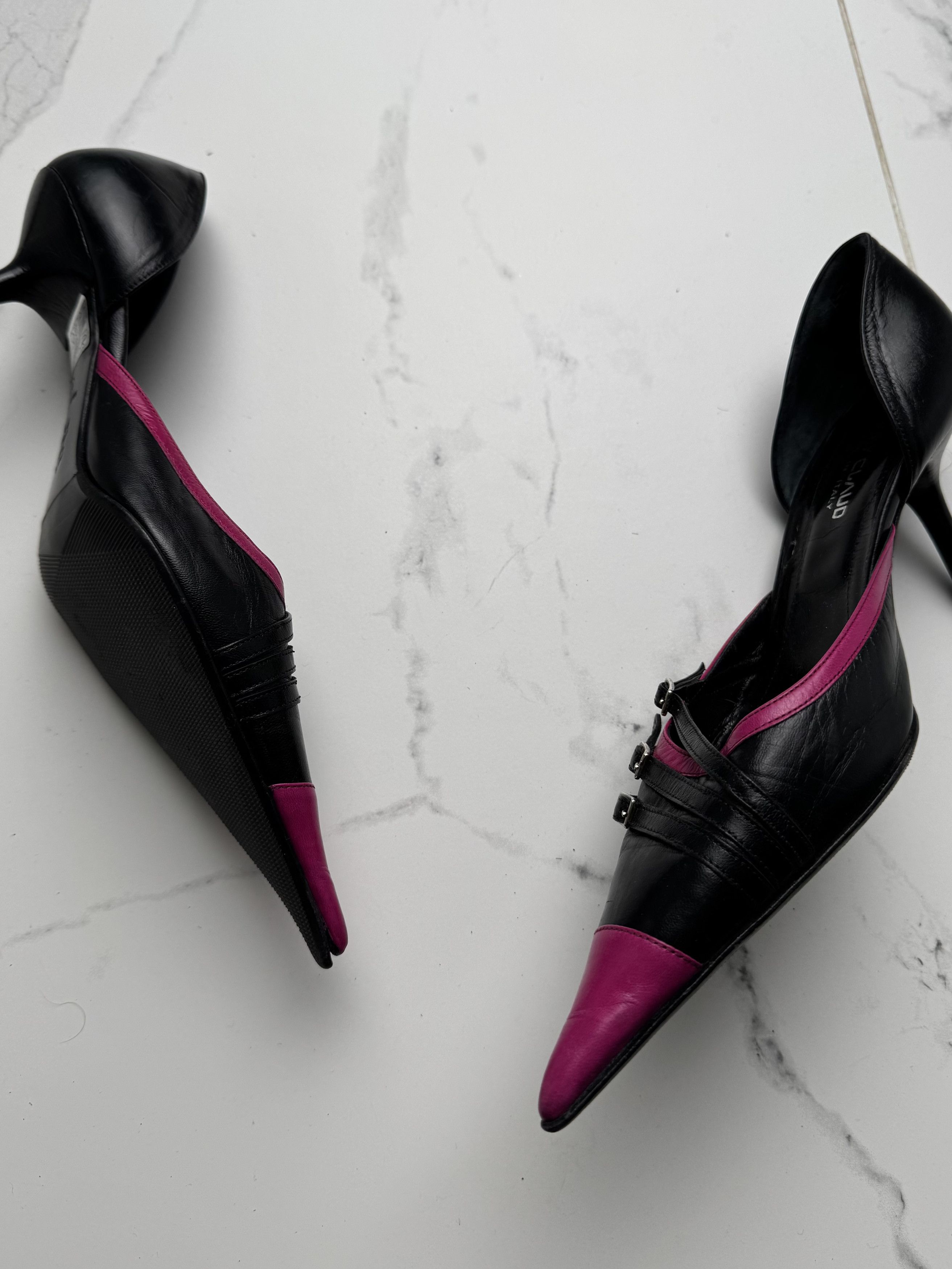Other Vintage Black Pink Pointed Toe Stiletto Heels Buckle Pumps Size US 7 / IT 37 - 5 Thumbnail