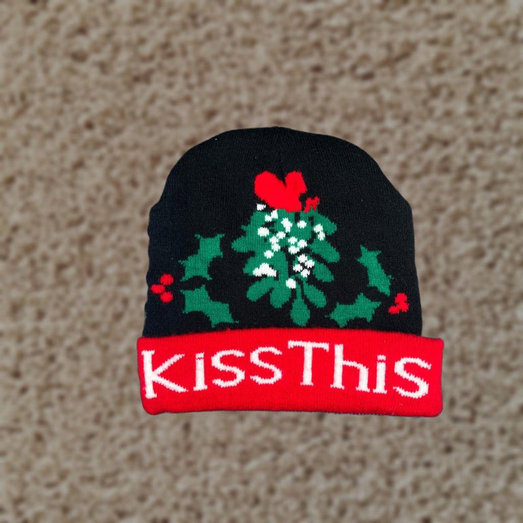 Vintage Kiss This Mistletoe Beanie Toque Adult One Size Black Red Green Knit Acrylic Size ONE SIZE - 1 Thumbnail