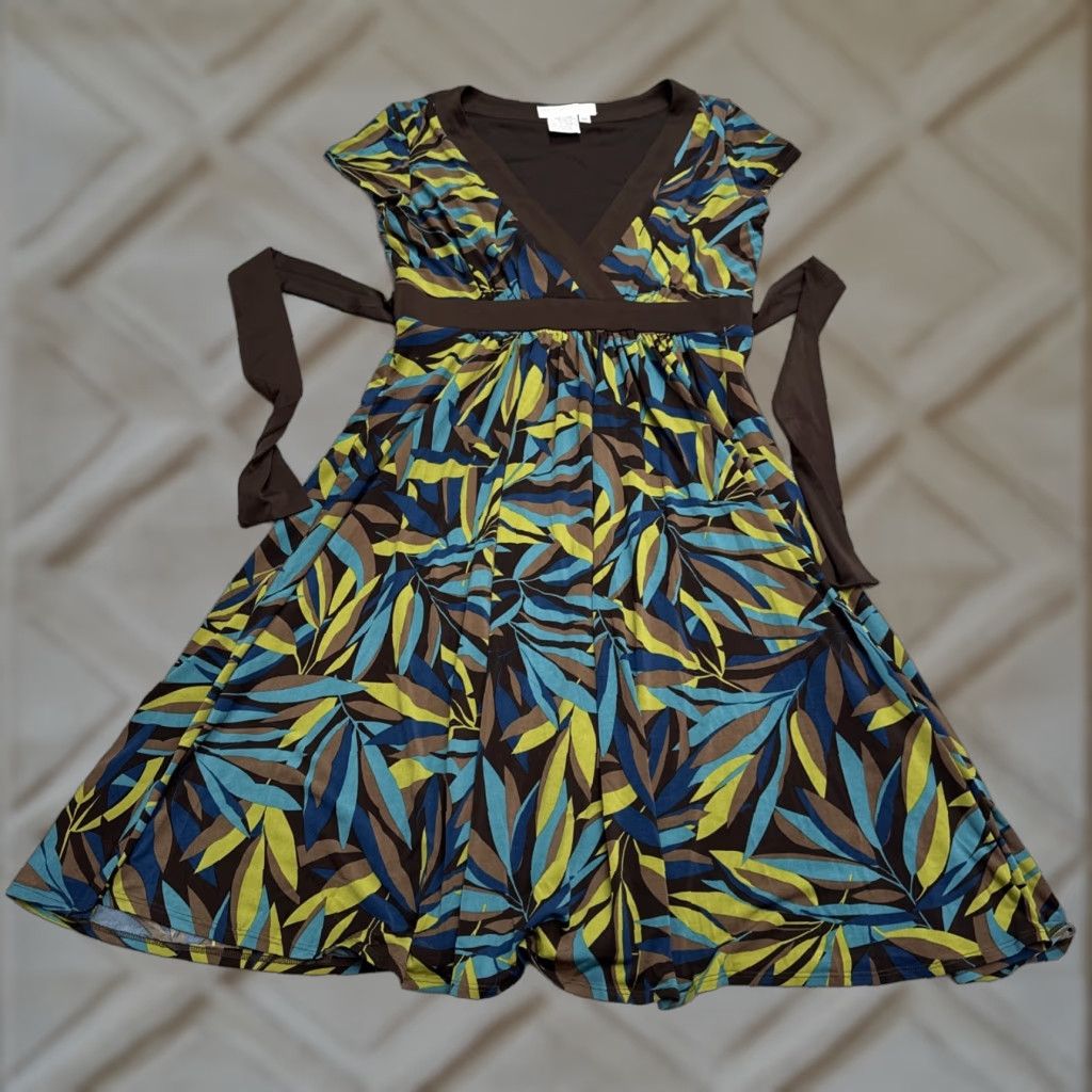MAGGY LONDON VINTAGE Maggy London Leaf Print Midi Wrap Dress Womens 6P Brown Blue Casual Boho Dress Size M / US 6-8 / IT 42-44 - 1 Thumbnail