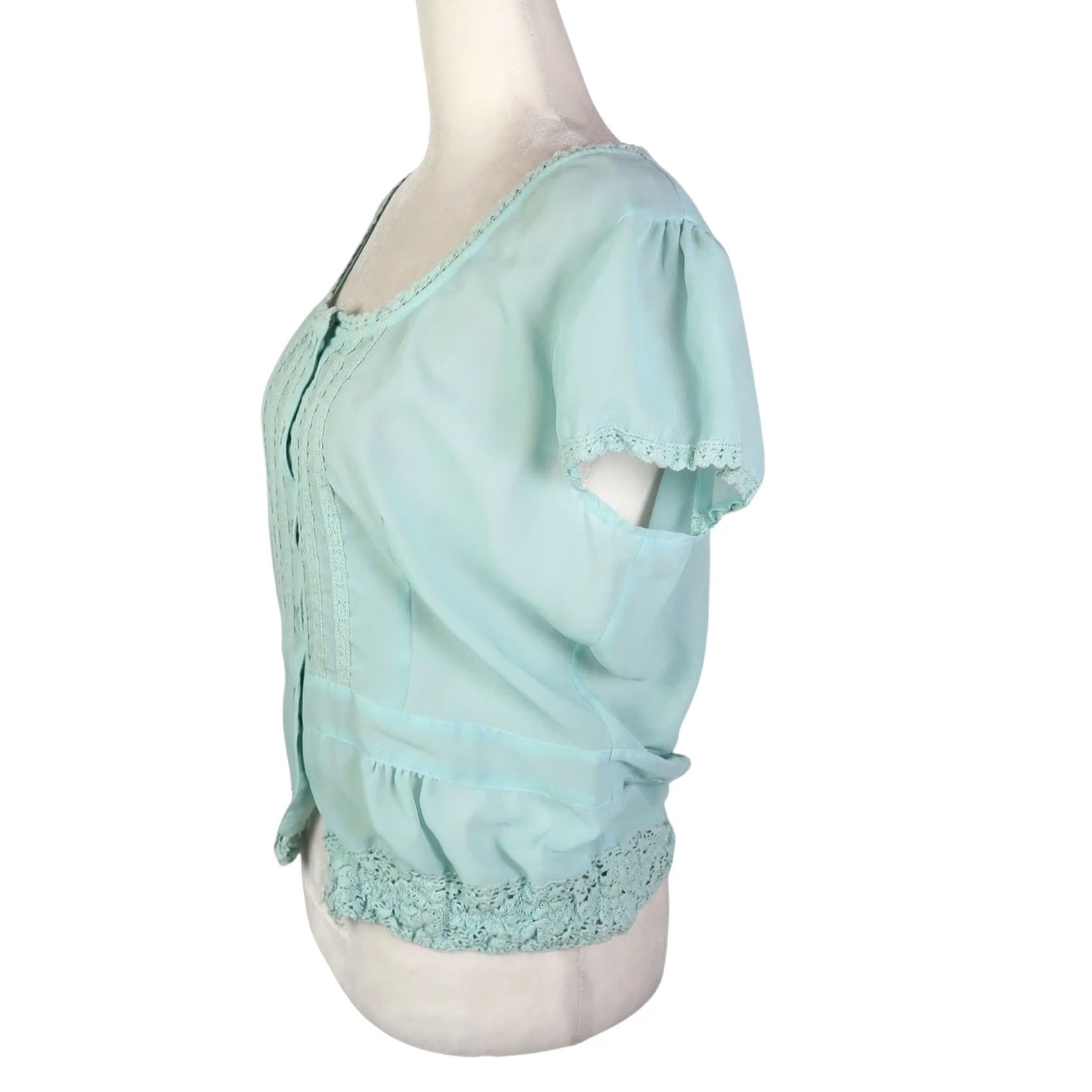 CO VINTAGE New York City Design Co Blouse Shirt Mint Green-Blue Pintuck Short Sleeve 12 Womens Size XL / US 12-14 / IT 48-50 - 3 Thumbnail