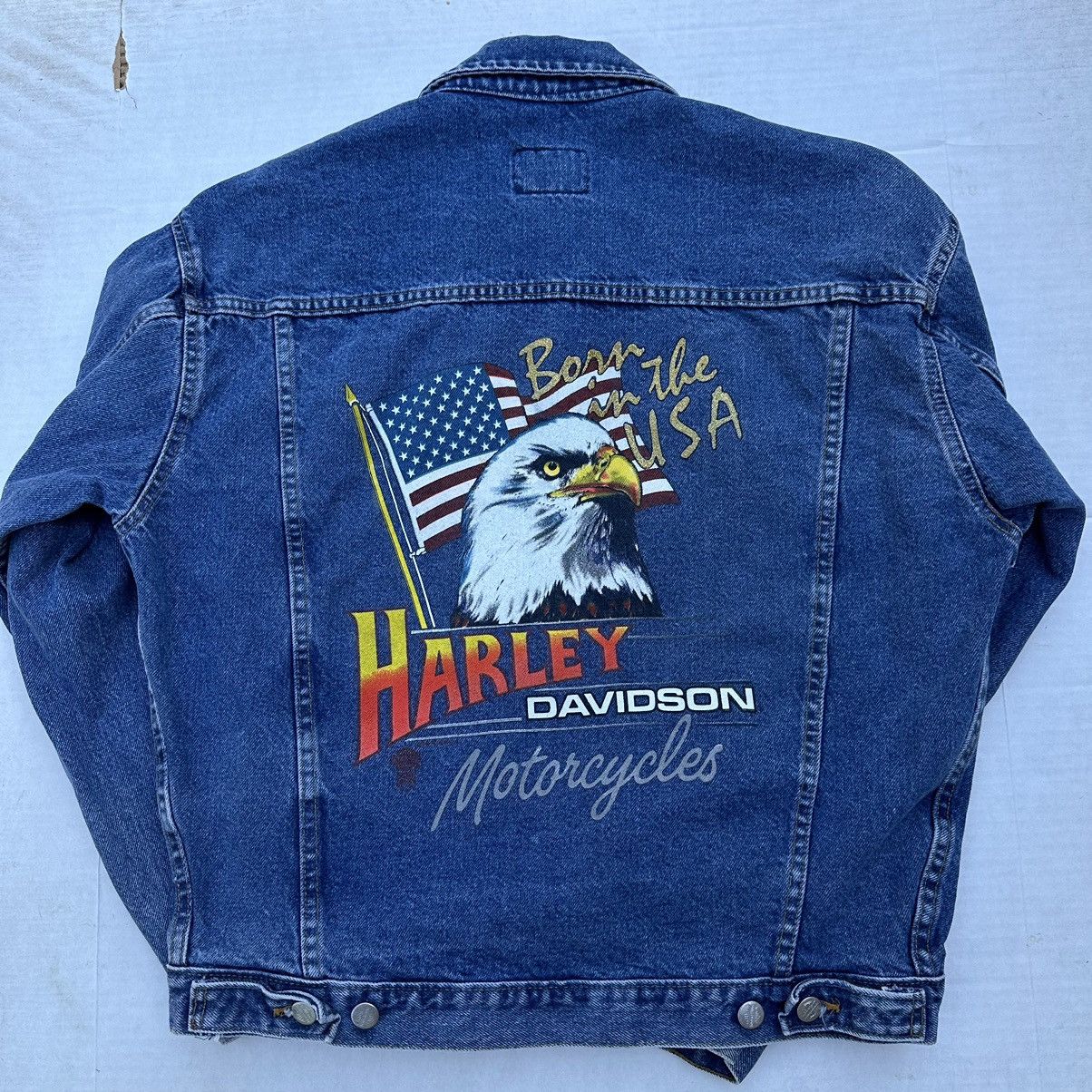 image of Vintage Harley Davidson Motorcycles Denim Jacket in Blue, Men's (Size Medium)
