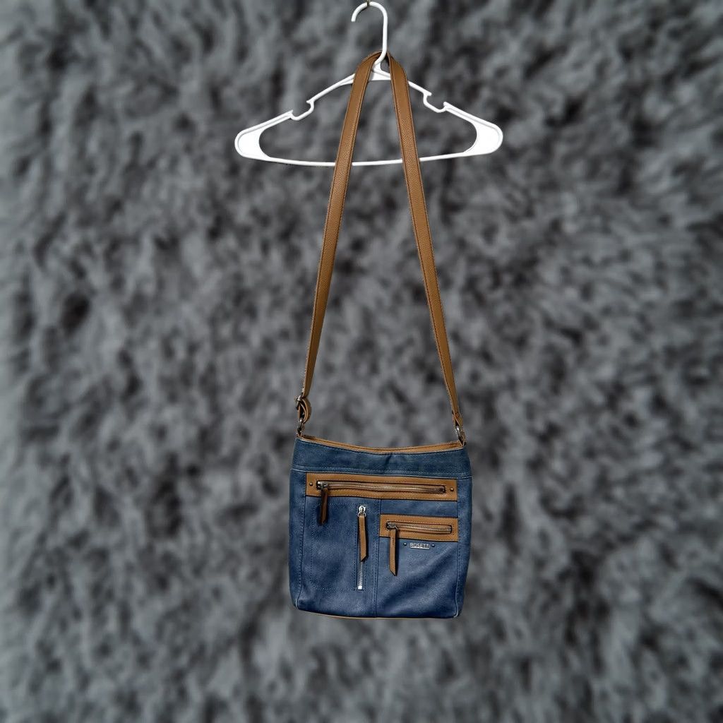 Vintage Rosetti Crossbody Bag Medium Blue Faux Leather Solid 10x23 Zipper Exterior Pockets Beige Lining Brown Strap Womens Casual Everyday Bag Size ONE SIZE - 1 Thumbnail