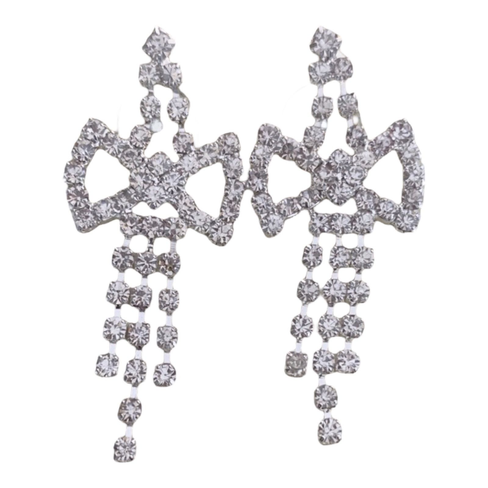 Other Diamond CZ Bow Bling Drop Dangle Silver Earrings Size ONE SIZE - 2 Thumbnail