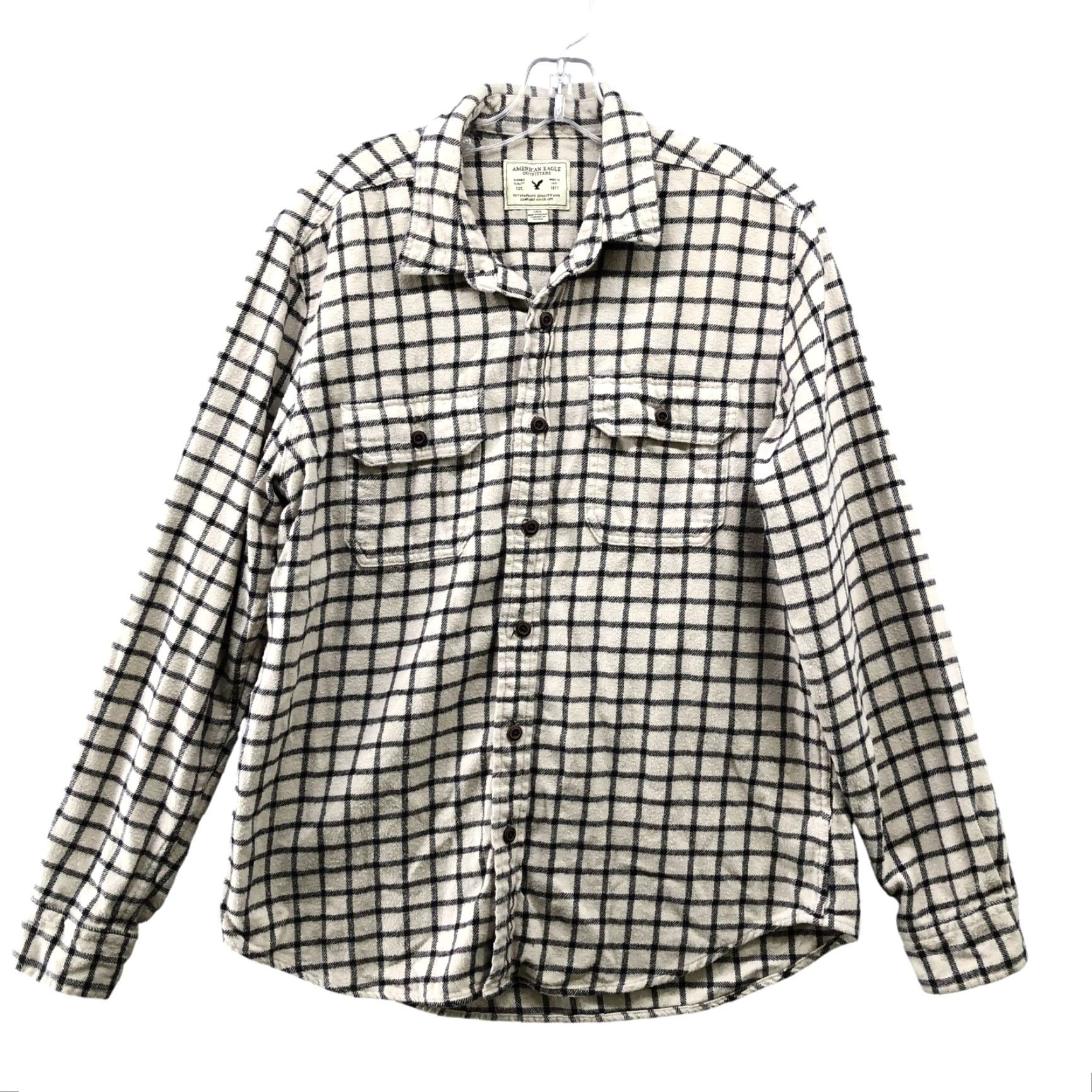 American Eagle Outfitters American Eagle Shirt Mens L Flannel Plaid Cream Black Grid Thick Shacket Button-Up Long Sleeve Chest Pockets Casual Workwear Fall Winter Vintage No Size US L / EU 52-54 / 3 - 2 Thumbnail