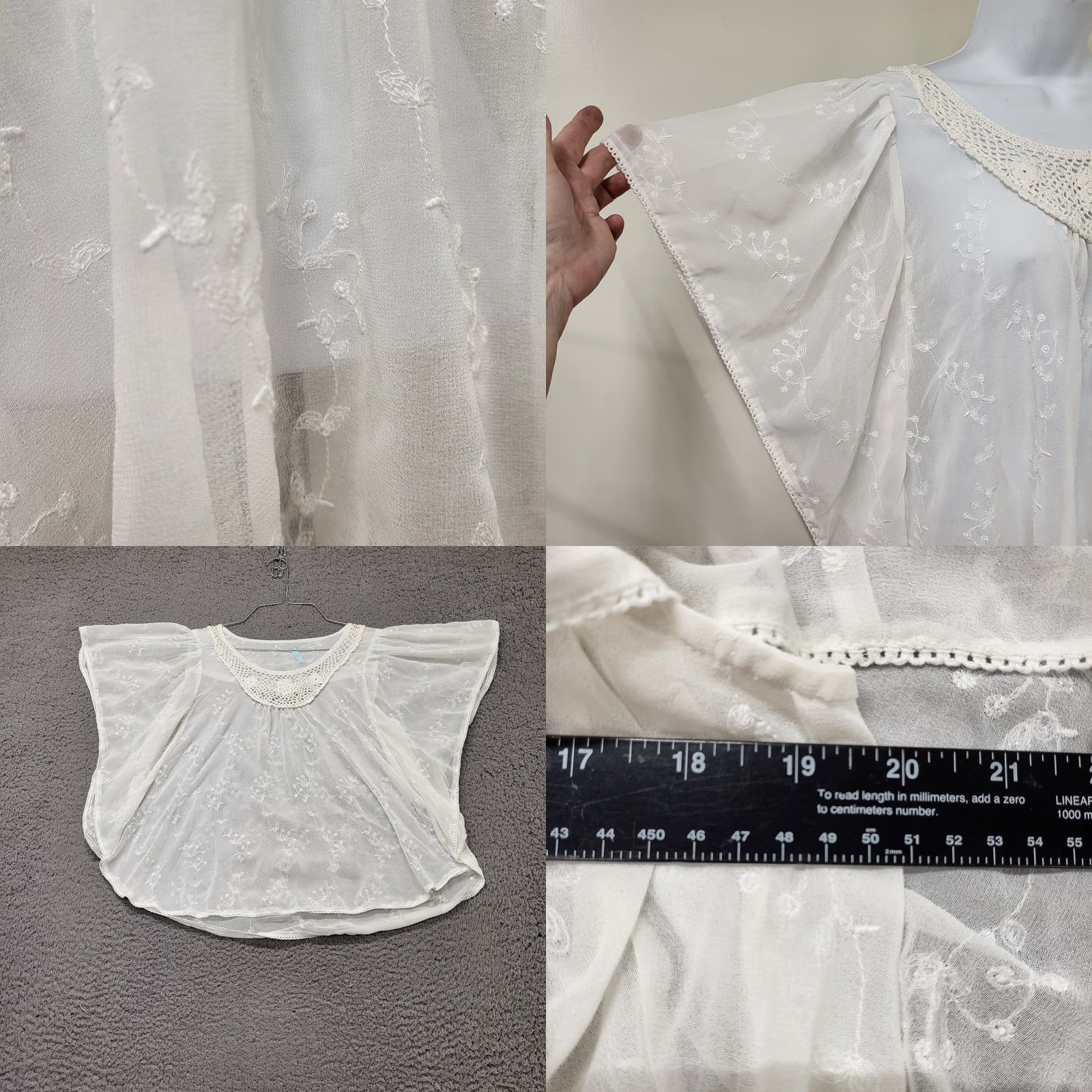 Vintage Maurices Blouse Women's M Sheer Floral Embroidered Crocheted Neck Flutter Shirt Size M / US 6-8 / IT 42-44 - 8 Thumbnail