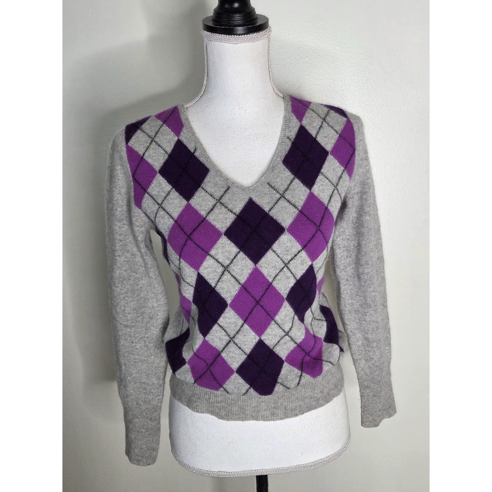 Vintage VINTAGE 100% CASHMERE Argyle Sweater Small Gray Purple Preppy Academia Y2K - Pullover Womens Knits Size S / US 4 / IT 40 - 2 Thumbnail