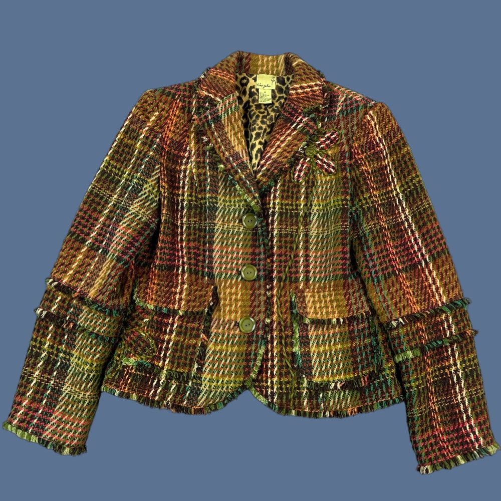 Vintage VINTAGE Tres Jolie Jacket Women's 8 Plaid Tweed Green Fringe Leopard Lined Blazer Size M / US 6-8 / IT 42-44 - 1 Thumbnail