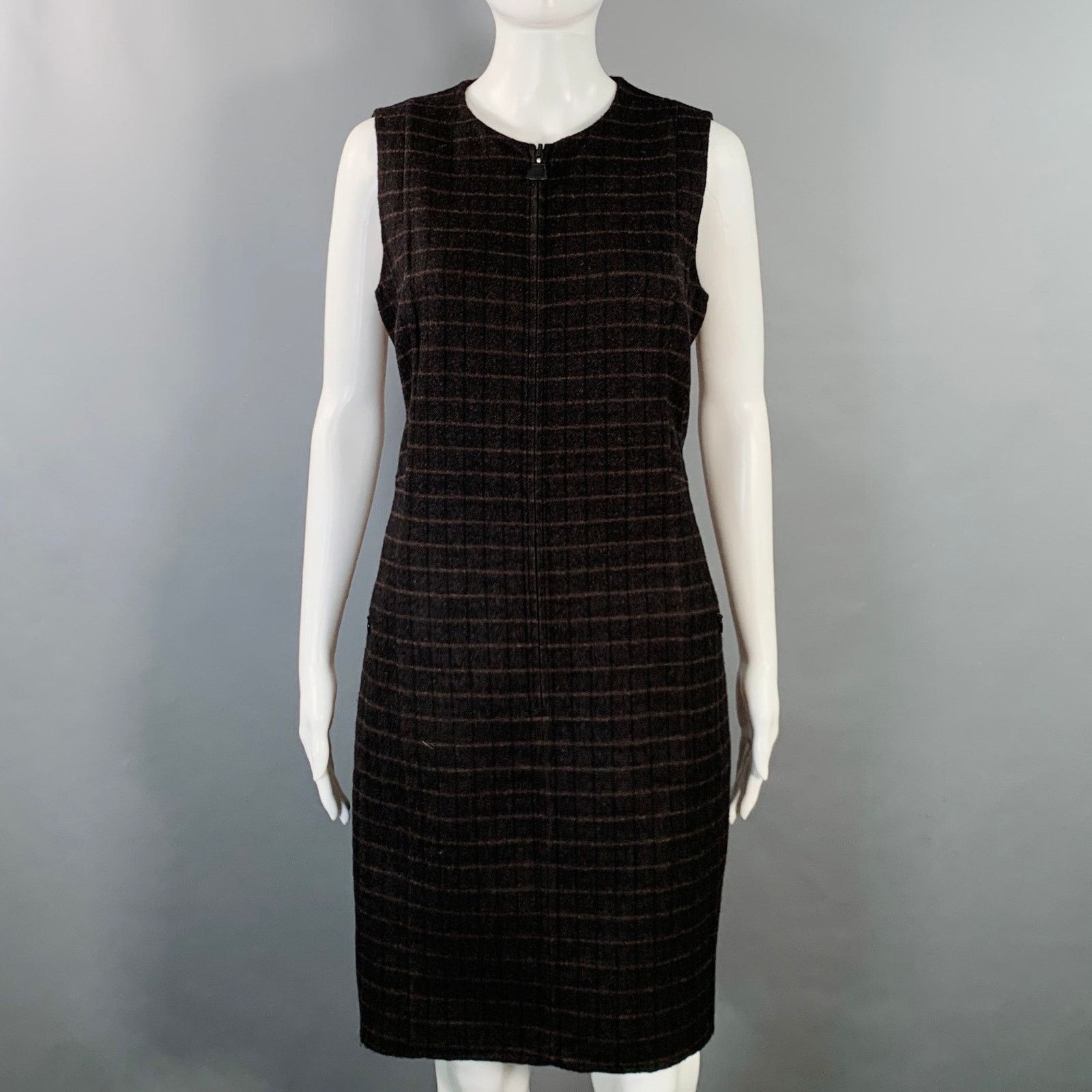Brown Black Mulberry Silk Plaid Reversible Zip Up Dress