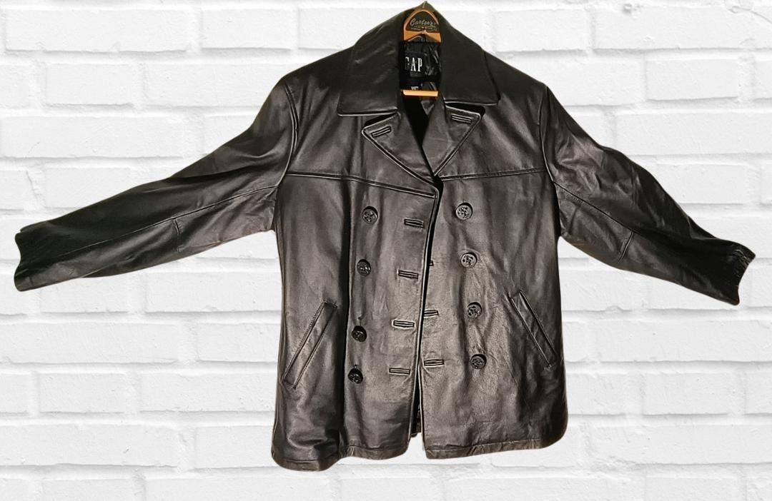 Gap Gap Men's Black Leather Y2k Vintage Peacoat Overcoat Size M Size US M / EU 48-50 / 2 - 3 Thumbnail