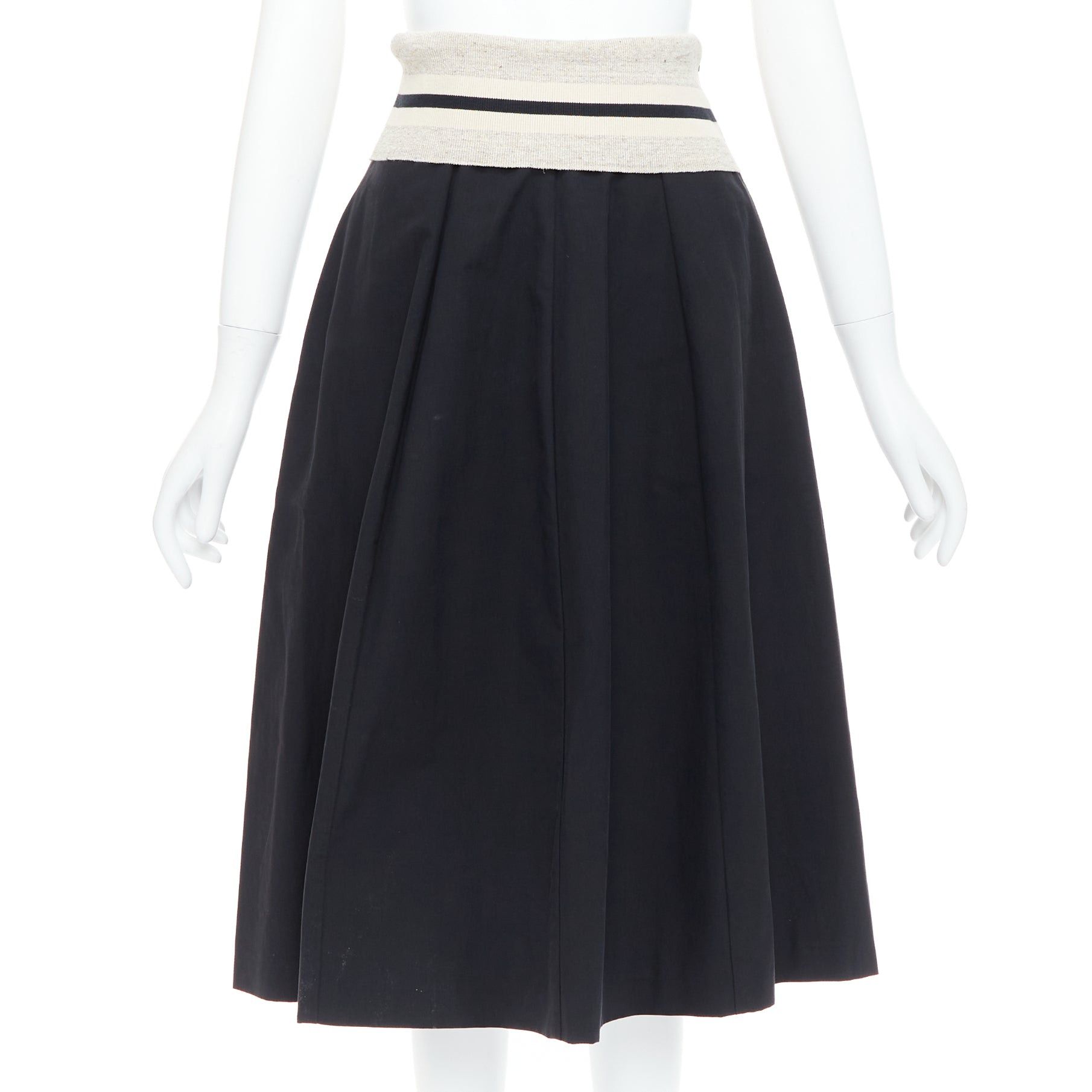 BRUNELLO CUCINELLI black cream cotton blend foldover waist midi skirt IT38 XS