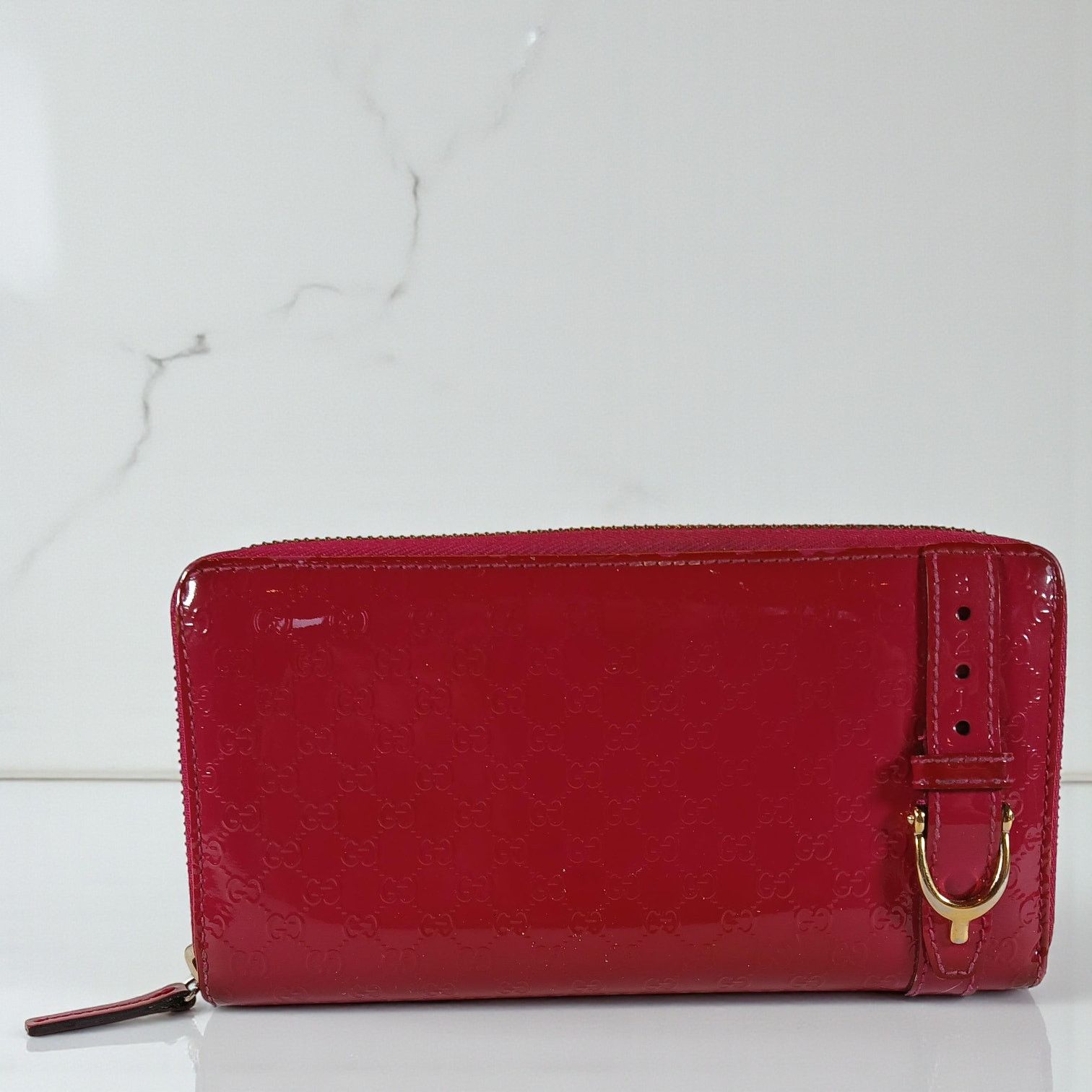 Gucci Gucci Shima GG Belted Zip Around Pink Enamel Leather Wallet Size ONE SIZE - 18 Thumbnail