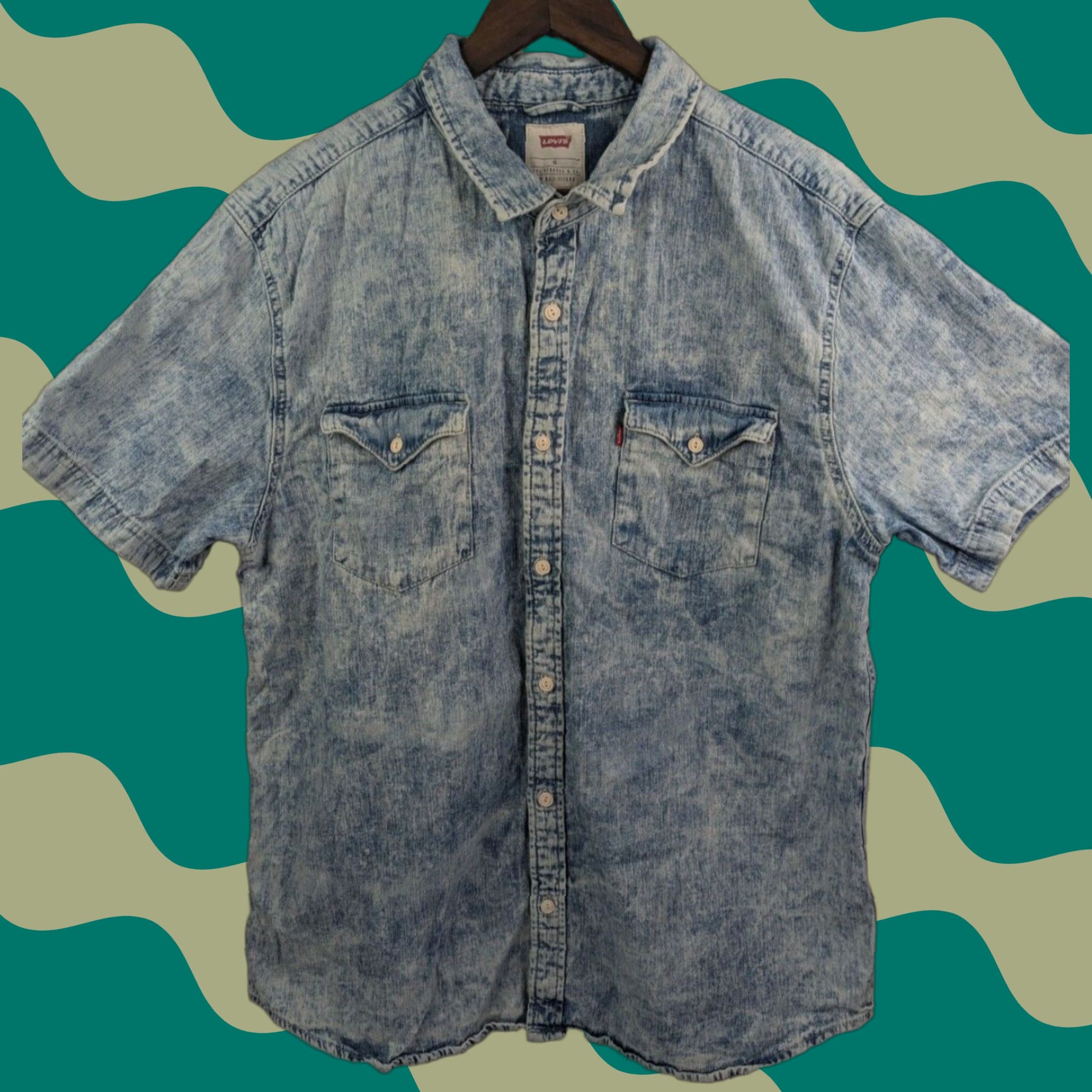 Levi's Levis Button-Up Denim Shirt Mens XL Blue Short Sleeve Stonewashed Bleached Cotton Casual Travel Size US XL / EU 56 / 4 - 1 Thumbnail