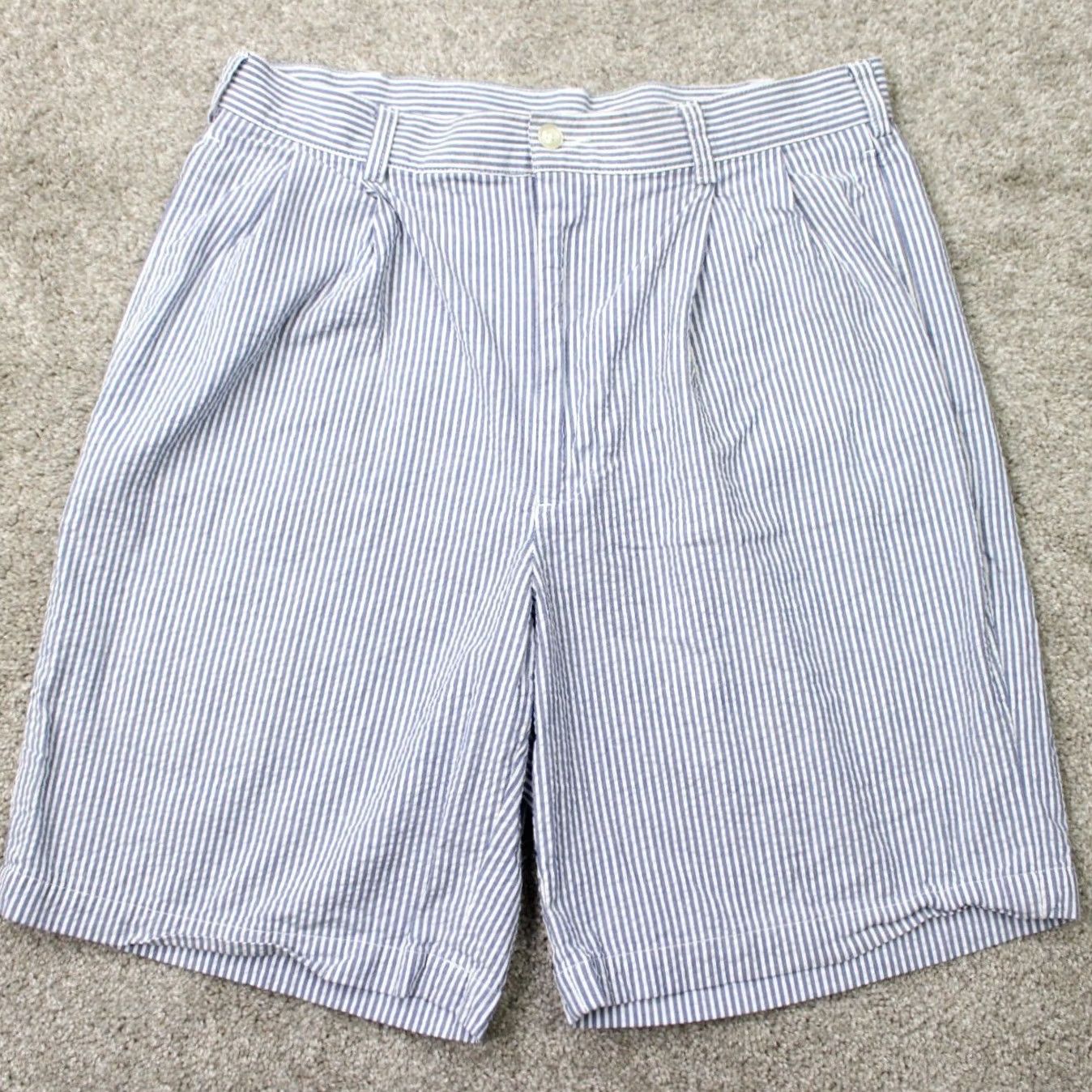 Jos. A. Bank Jos. A. Bank Chino Shorts Men 33 Blue/White Striped Seersucker Cotton Chino Shorts Casual Pockets 9in Inseam Regular Rise Mid-Topstitch? Size US 33 - 2 Thumbnail
