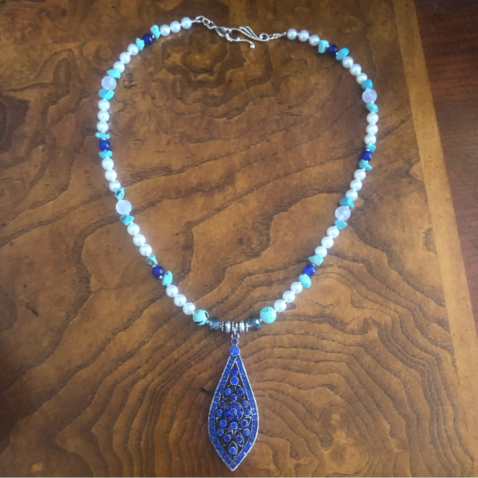 Handmade Handcrafted royal blue raindrop pendant Pearl stone necklace Size ONE SIZE - 7 Thumbnail