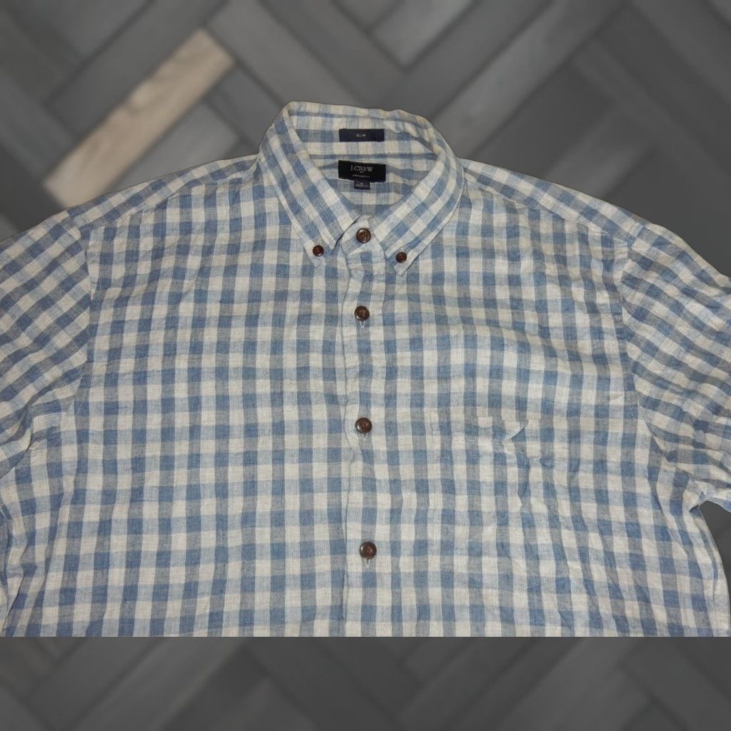 J.Crew VINTAGE J.CREW Shirt Plaid Short Sleeve Button-Up M Blue Adult Medium Slim Homespun Size US M / EU 48-50 / 2 - 1 Thumbnail