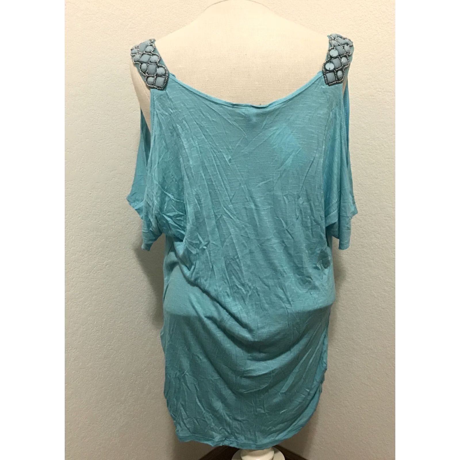 Vintage Deb Cold Shoulder Tank Shirt Beaded NWT XL Aqua Blue 1X Casual Party/Cocktail Women’s Spring Summer Size XL / US 12-14 / IT 48-50 - 2 Thumbnail
