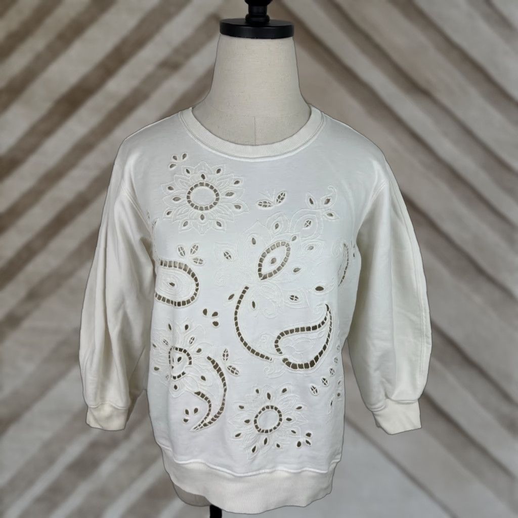 Johnny Was Johnny Was Sweatshirt Small Ivory Eyelet Paisley Embroidered Boho Crew Neck Womens Size S / US 4 / IT 40 - 1 Thumbnail