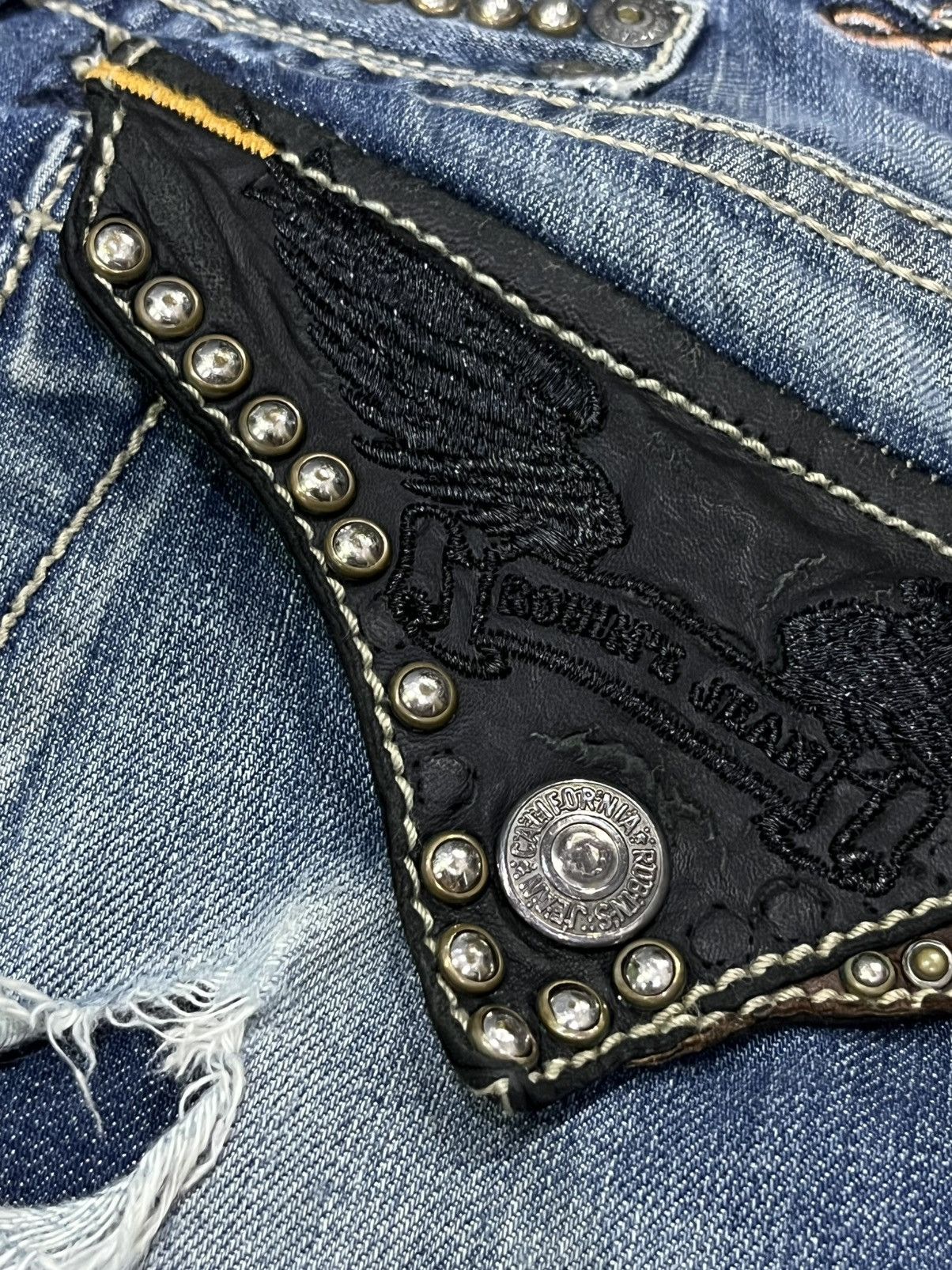 Asspizza × Robins Jeans 🔥Robin's Jean Studded Flap Distressed Denim USA Made (W33) Size US 33 - 13 Thumbnail