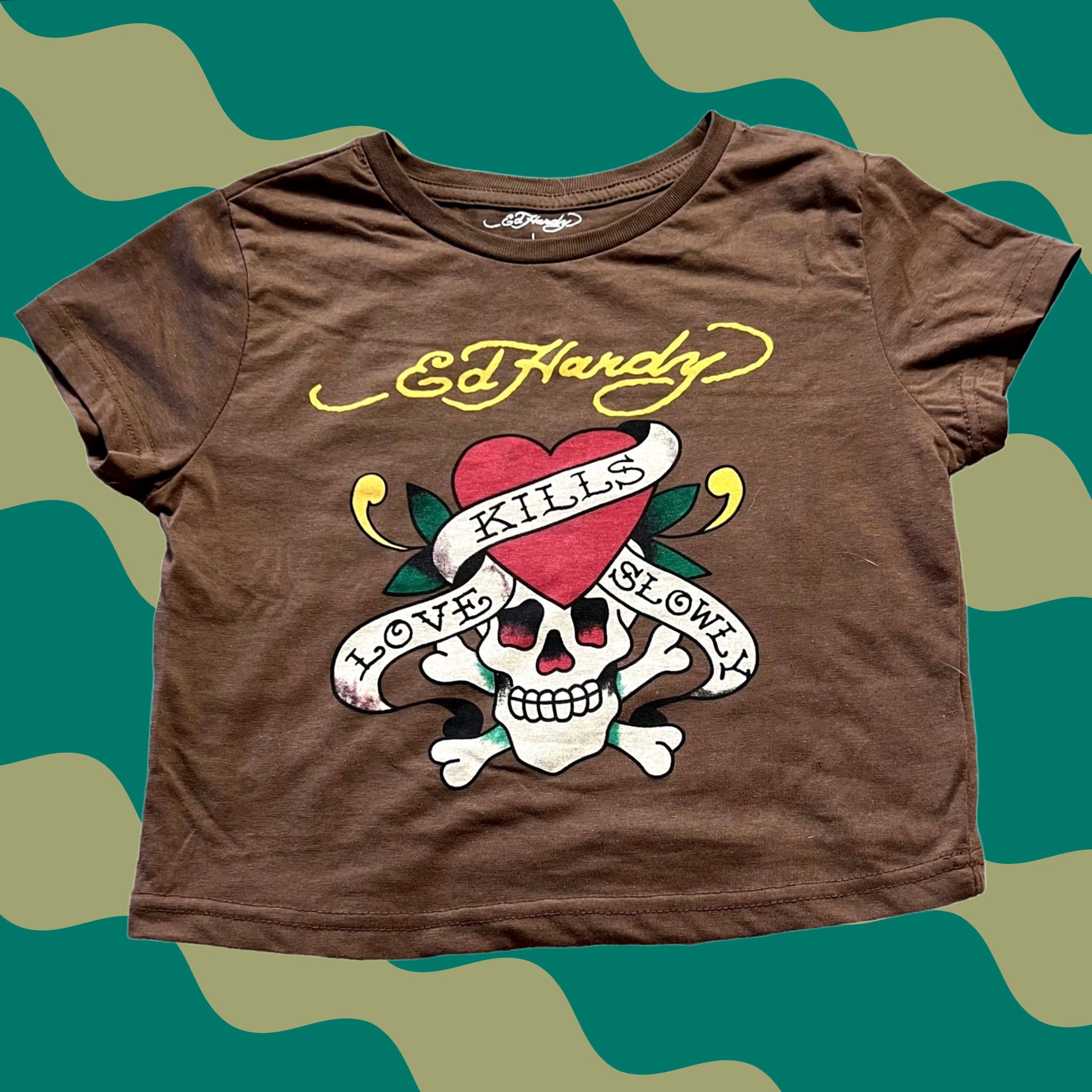 Ed Hardy VINTAGE Ed Hardy Shirt Womens L Brown Love Kills Slowly Crop Top Size L / US 10 / IT 46 - 1 Thumbnail