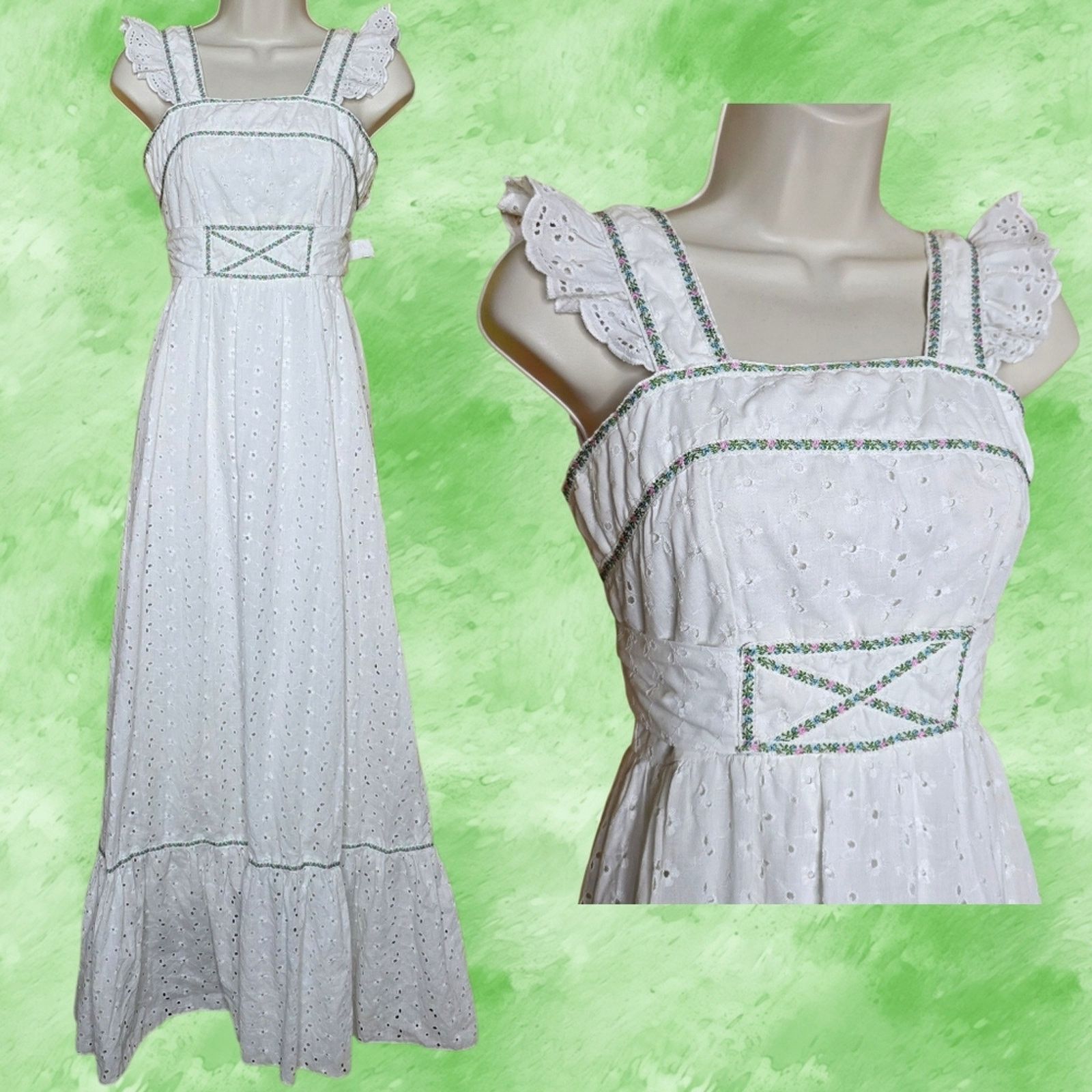 Vintage VTG Candi Jones California White Eyelet Prairie Maxi Dress Size XS / US 0-2 / IT 36-38 - 1 Thumbnail