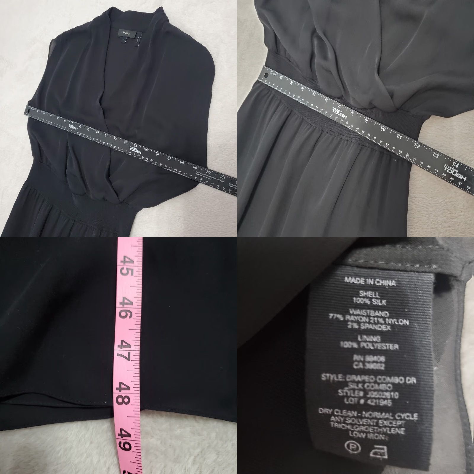 Theory THEORY Midi Dress Women L Black Draped Surplice Short Sleeve 100% Silk Side Slit Pullover Cap Sleeve Blouson A-Line Minimalist Sophisticated Size 36" / US 14 / IT 50 - 8 Thumbnail