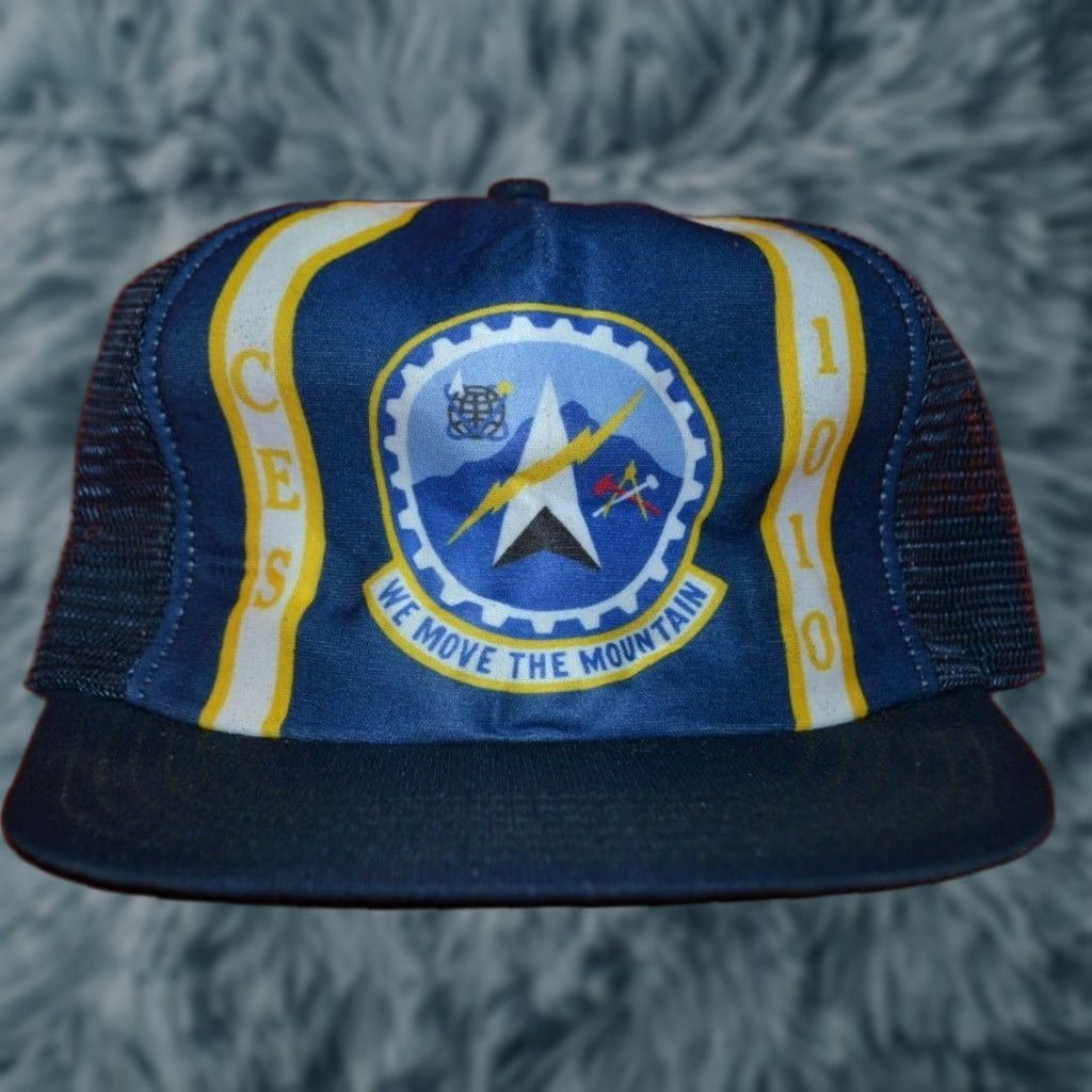 Vintage VINTAGE We Move The Mountain Hat Cap Civil Engineer Squadron USAF Air Force NS National Military Sales Adjustable Blue Foam Polyester Snapback Mens Size ONE SIZE - 1 Thumbnail