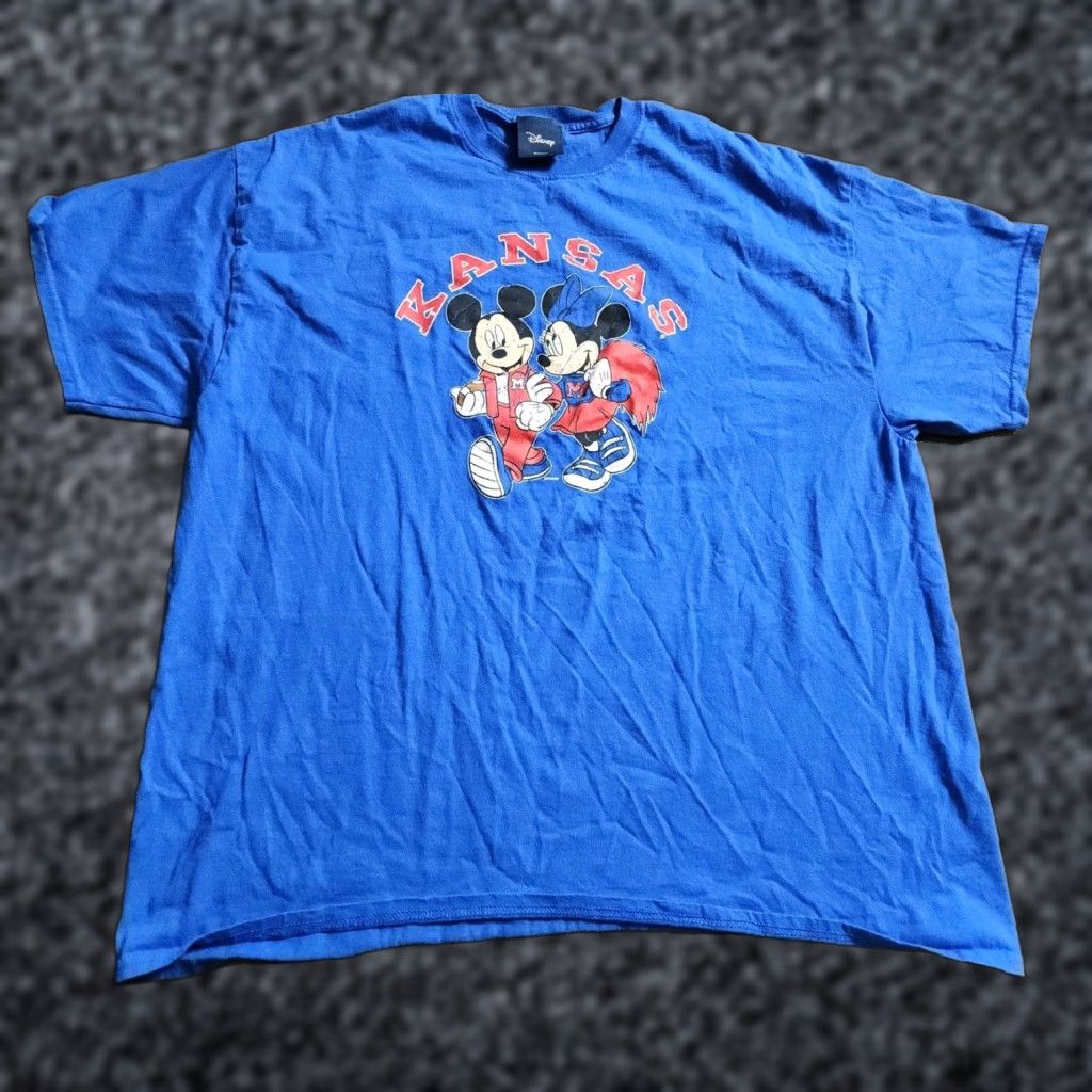 Disney VINTAGE Disney Mens T-Shirt 2XL Blue Graphic Print Mickey Minnie Daffy 80s 90s Retro College Kansas Jayhawks Size US XXL / EU 58 / 5 - 1 Thumbnail