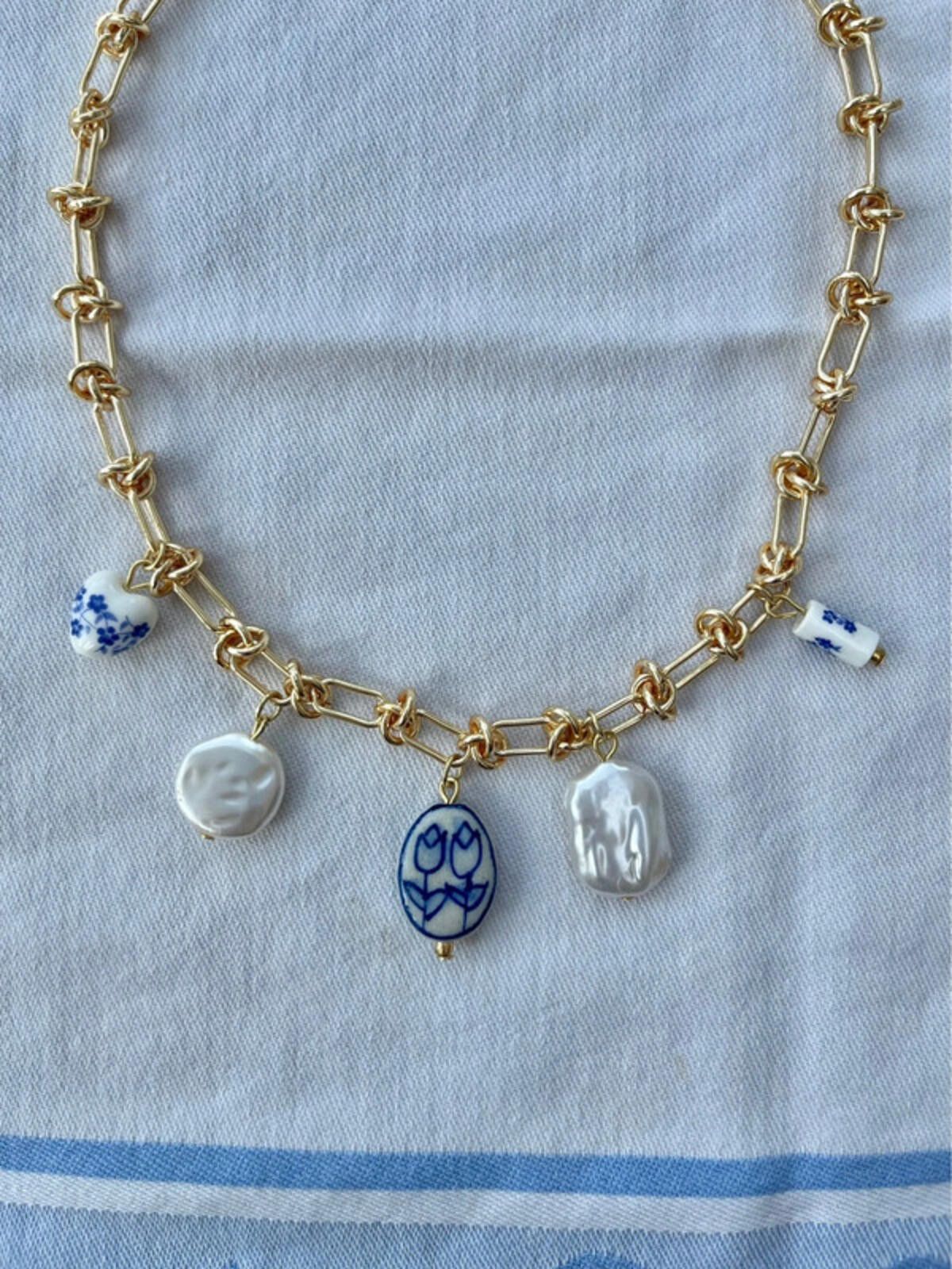 Other Gold plated blue white floral pearl porcelain charm necklace Size ONE SIZE - 1 Thumbnail