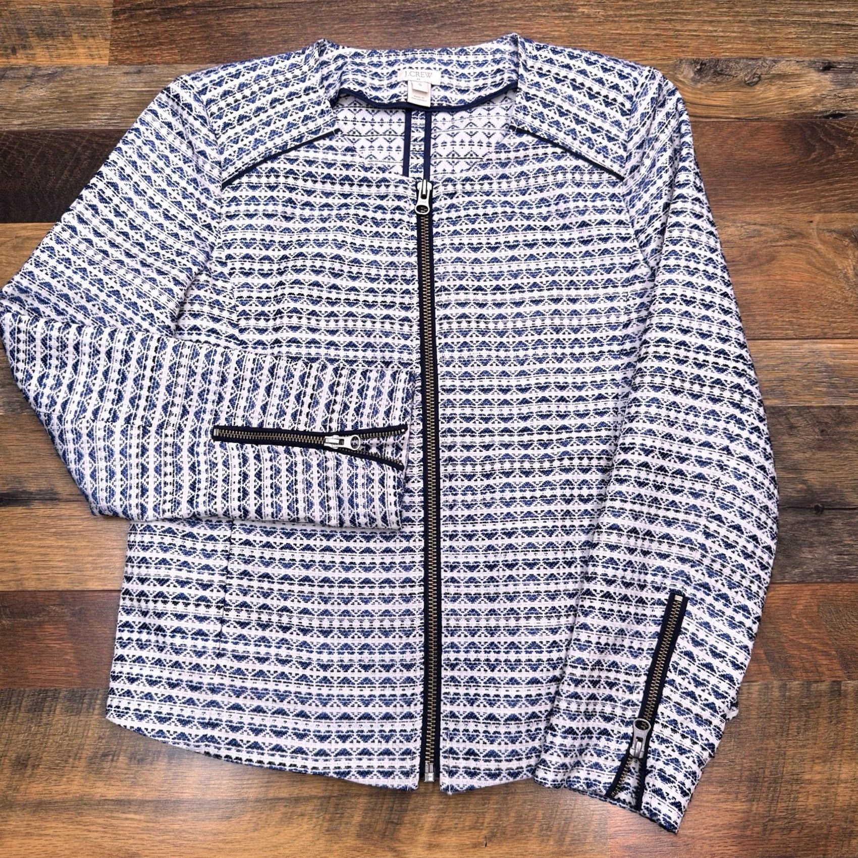 J.Crew J.CREW Blazer Jacket Womens Small Blue White Full Zip Geometric Tweed Classic Workwear Size S / US 4 / IT 40 - 2 Thumbnail
