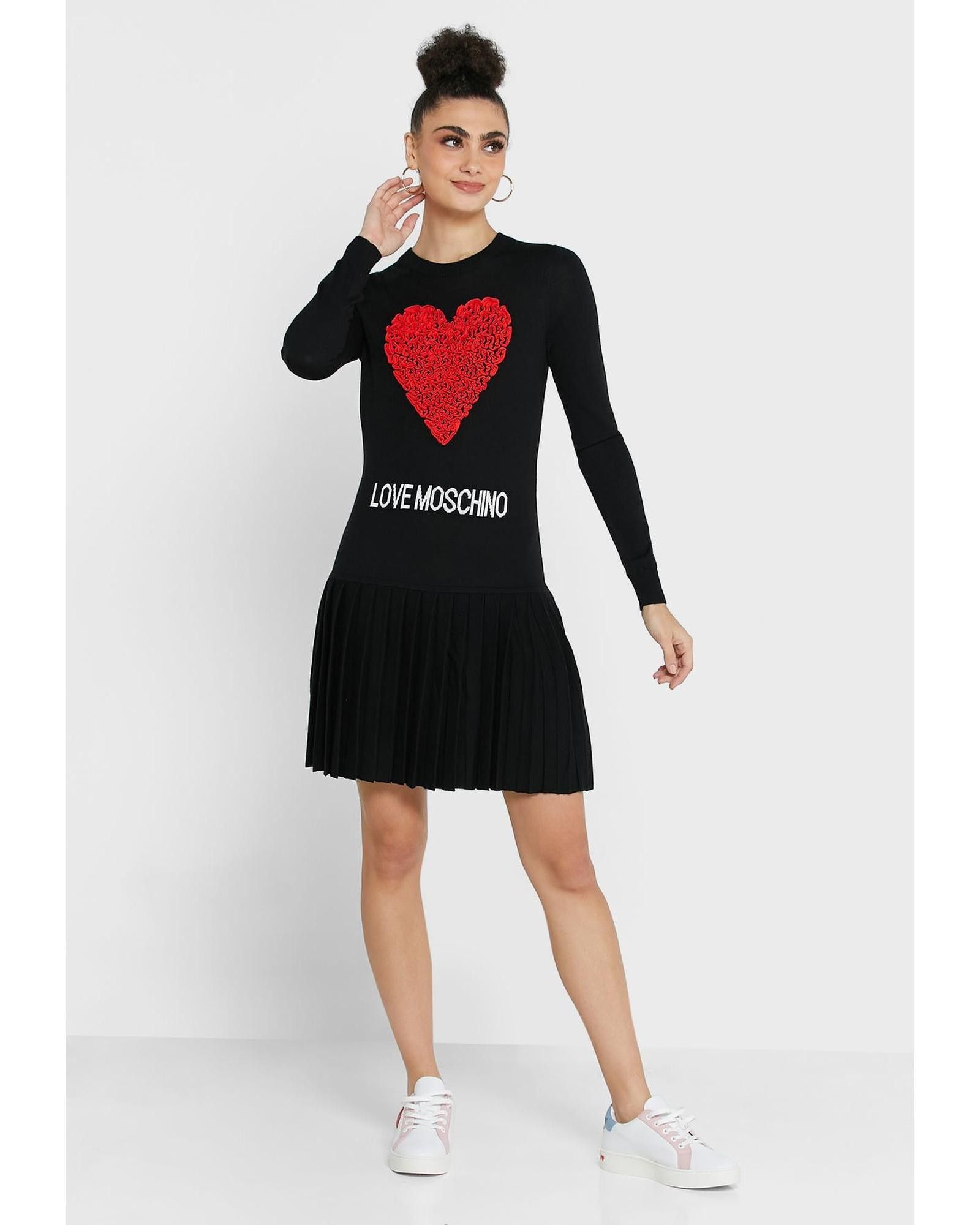 image of Moschino Heart Embossed Knit Dress With Pleated Skirt in Black, Women's (Size Small)