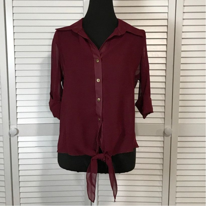 Other Body Central Y2K Boho Sheer Burgundy Waist Blouse L Size L / US 10 / IT 46 - 1 Thumbnail