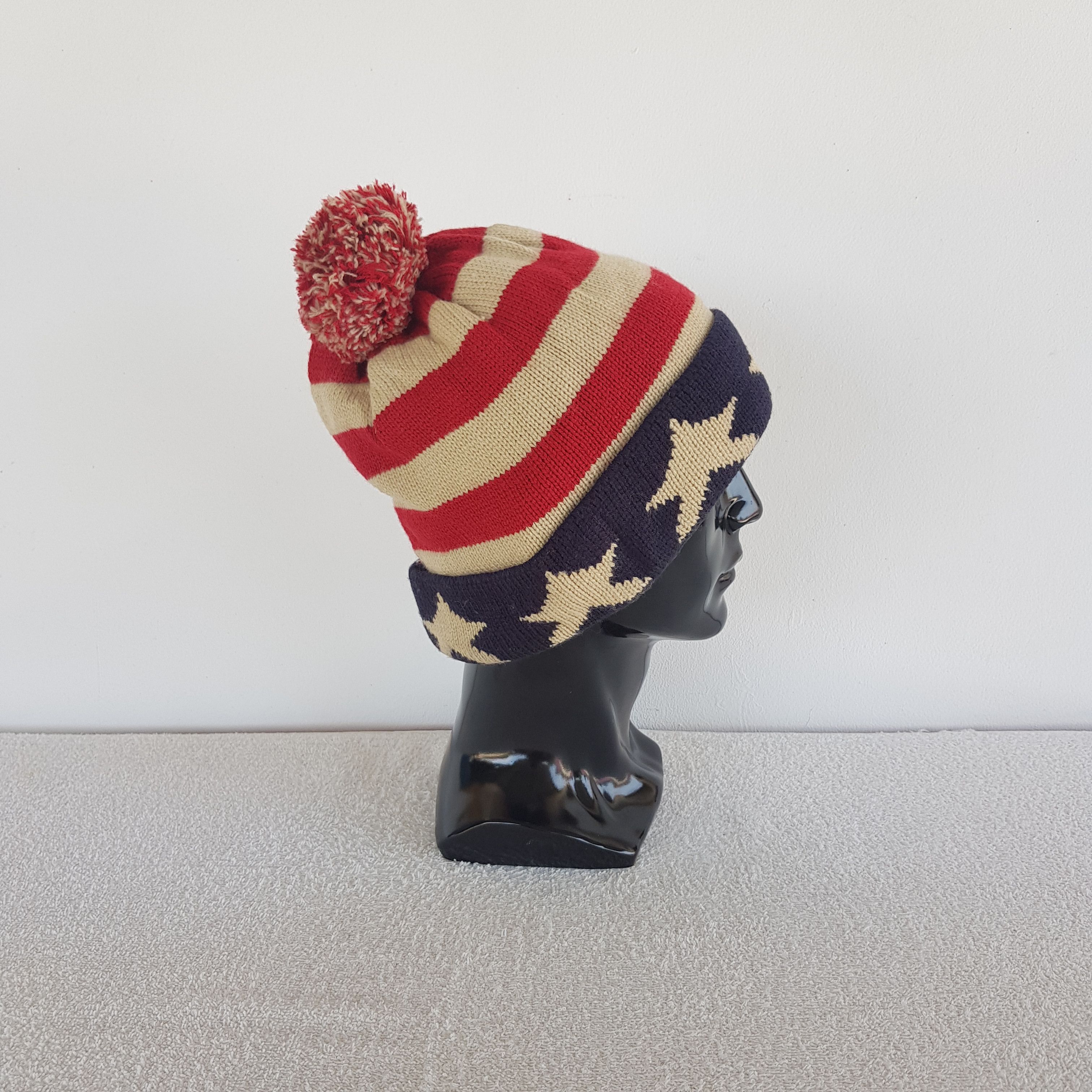 Japanese Brand Vintage 80s American Flag Beanie Knit Pom Pom Snow Caps Hats Size ONE SIZE - 3 Thumbnail