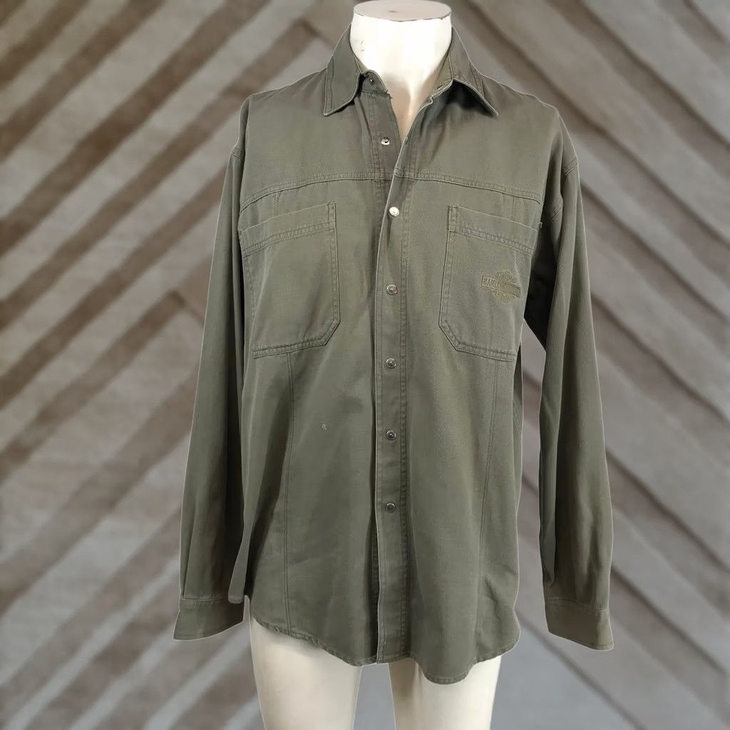 Harley Davidson Harley-Davidson Mens Olive Green Canvas Long Sleeve Snap Button Work Shirt XL Size US XL / EU 56 / 4 - 1 Thumbnail