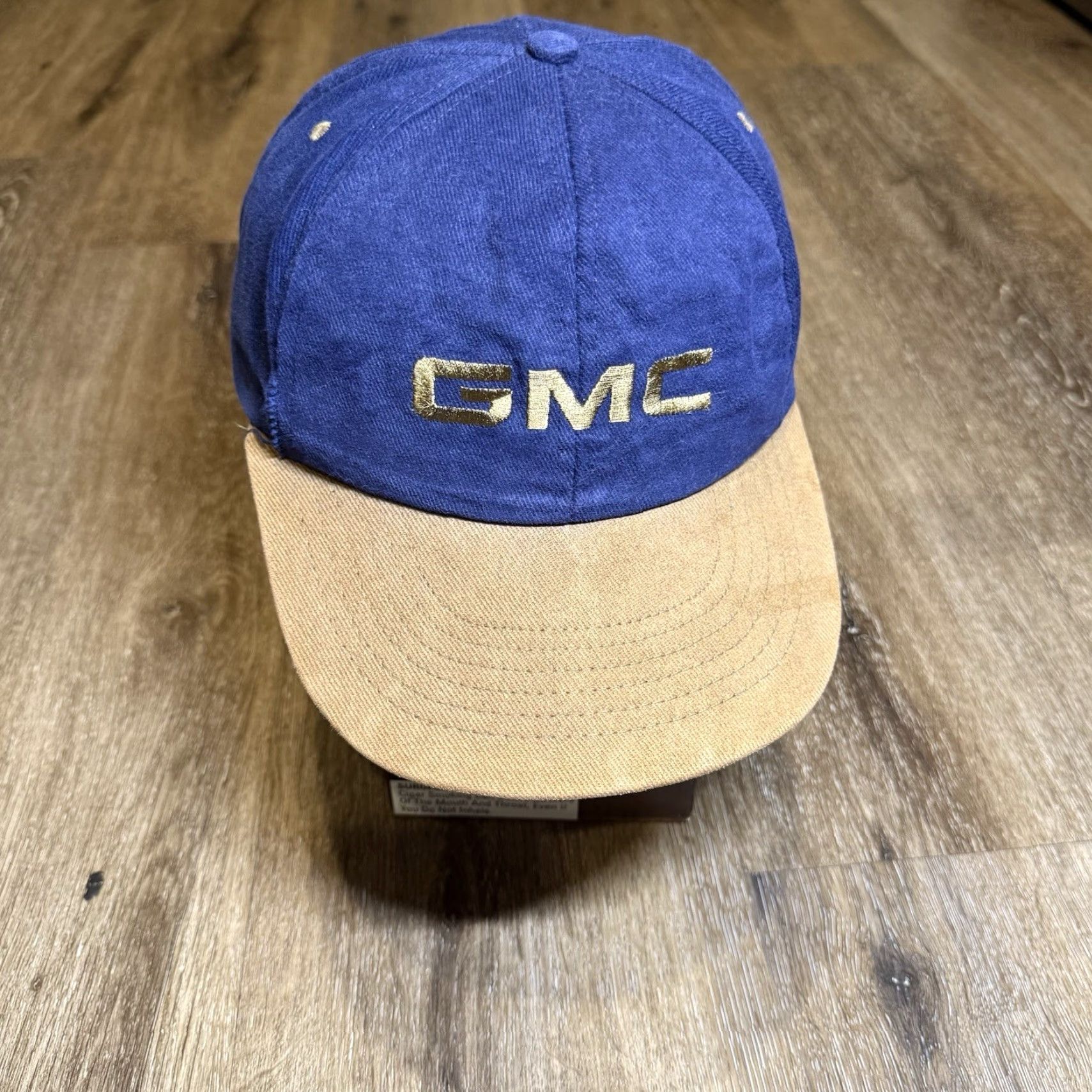 Vintage VINTAGE General Motors Company GMC Snapback Hat Navy Blue Suede Brown Tan 80s Swingster Men One Size Blue Car Dad Snapback Hats Mens Size ONE SIZE - 2 Thumbnail