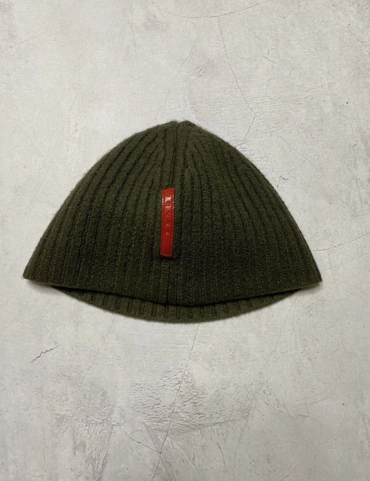 image of Prada Red Tab Beanie Hat in Dark Green, Men's
