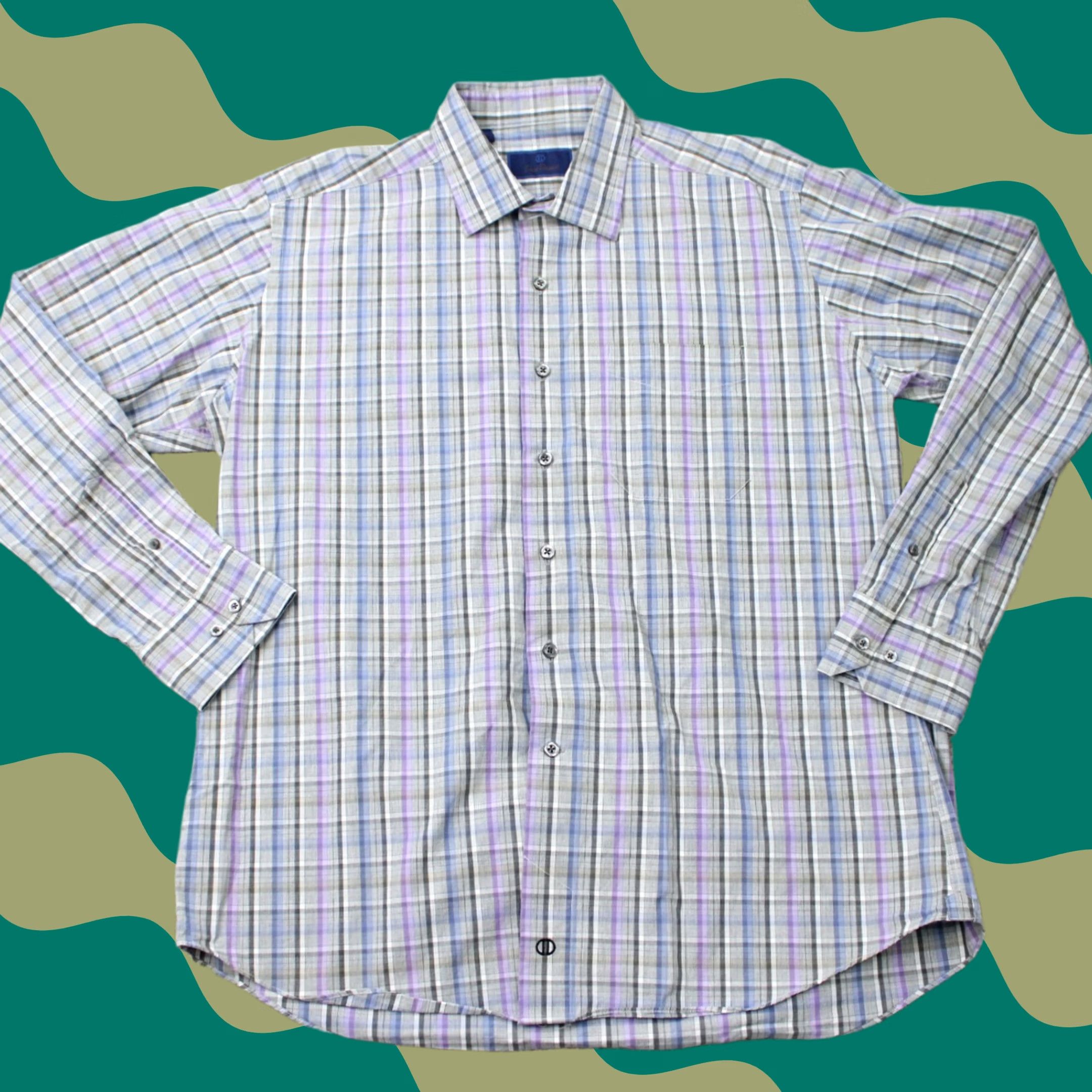 David Donahue David Donahue Shirt Mens XL Gray/Blue/Purple 100% Cotton Long Sleeve Button Up Size US XL / EU 56 / 4 - 1 Thumbnail