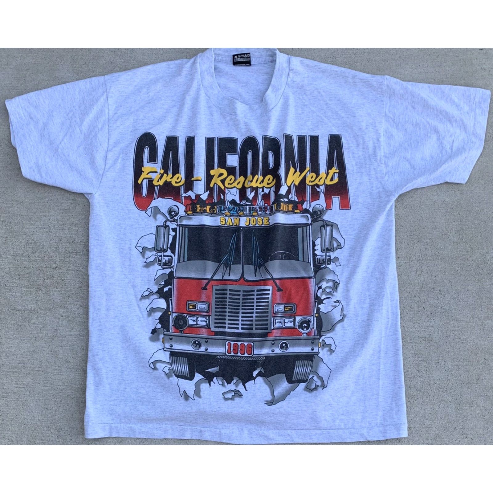 Fruit Of The Loom VINTAGE California Fire Rescue West San Jose 1996 t-shirt XL Fruit of the Loom Unisex Adults Short Sleeve Crew Neck Heather Gray 50/50 Graphic Print Size US XL / EU 56 / 4 - 7 Thumbnail
