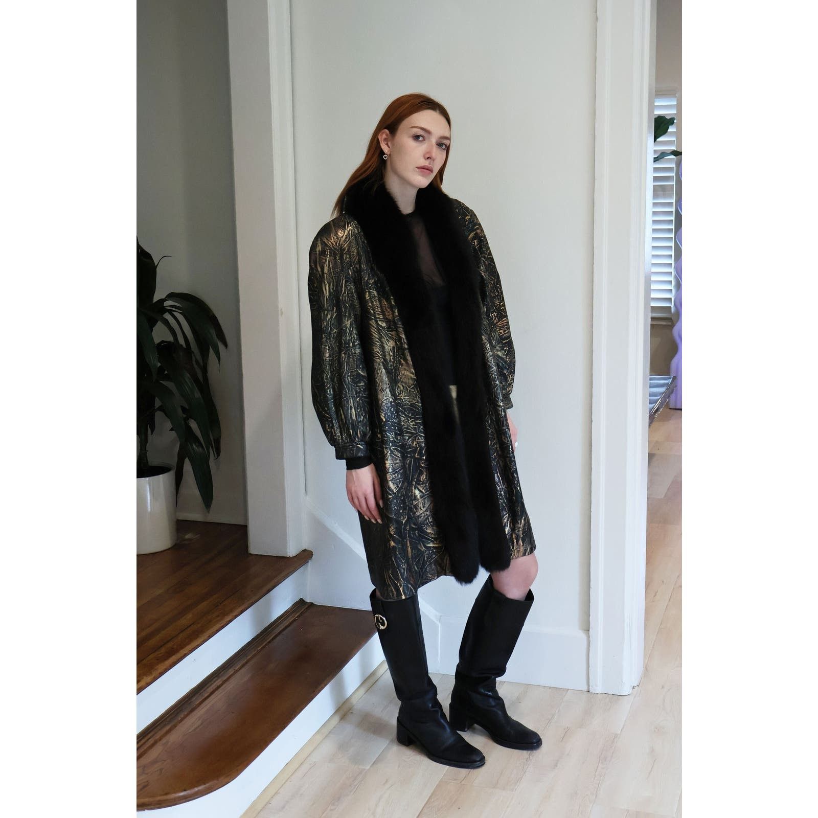 image of Vintage 1980S Metallic Painted Leather + Faux Snakeskin Coat in Black, Women's (Size Small)