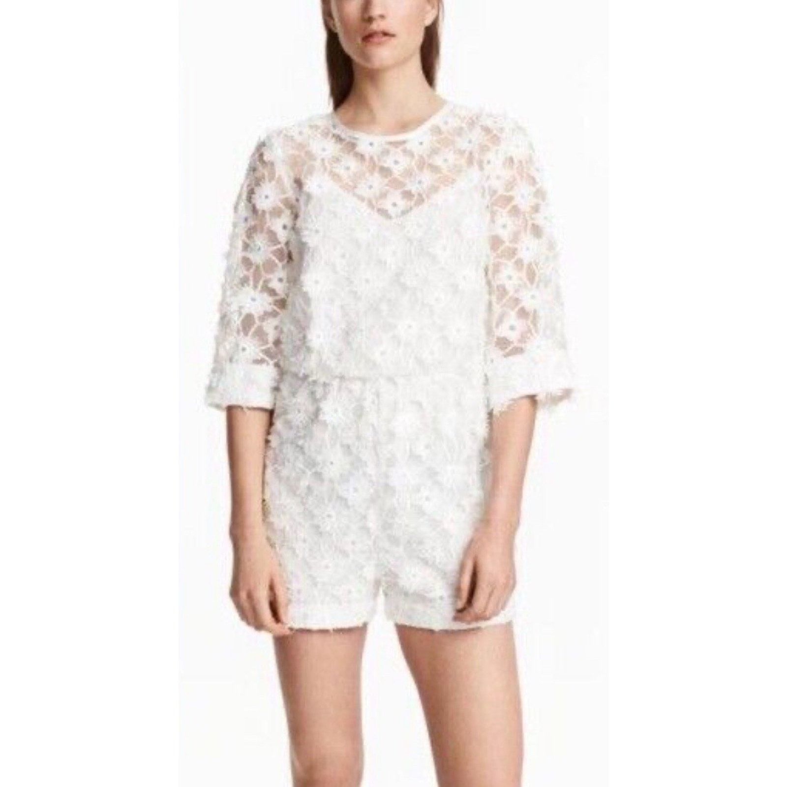 H&M H&M White Sheer Floral Mini Romper Bridal 2 Size 26" / US 2 / IT 38 - 2 Thumbnail