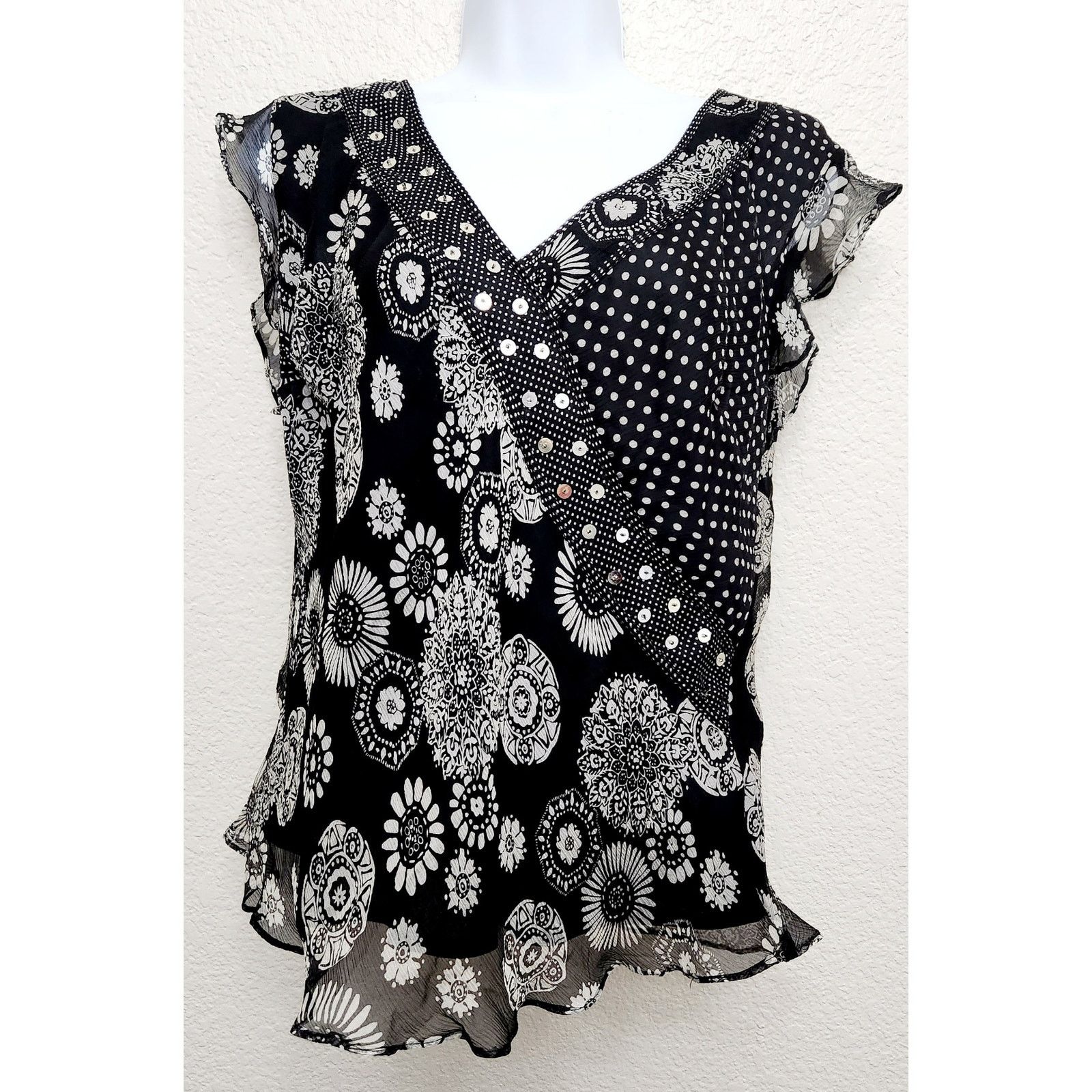 Other Signature Robbie Bee Black White Floral Polka Dot Top 10 Size L / US 10 / IT 46 - 1 Thumbnail