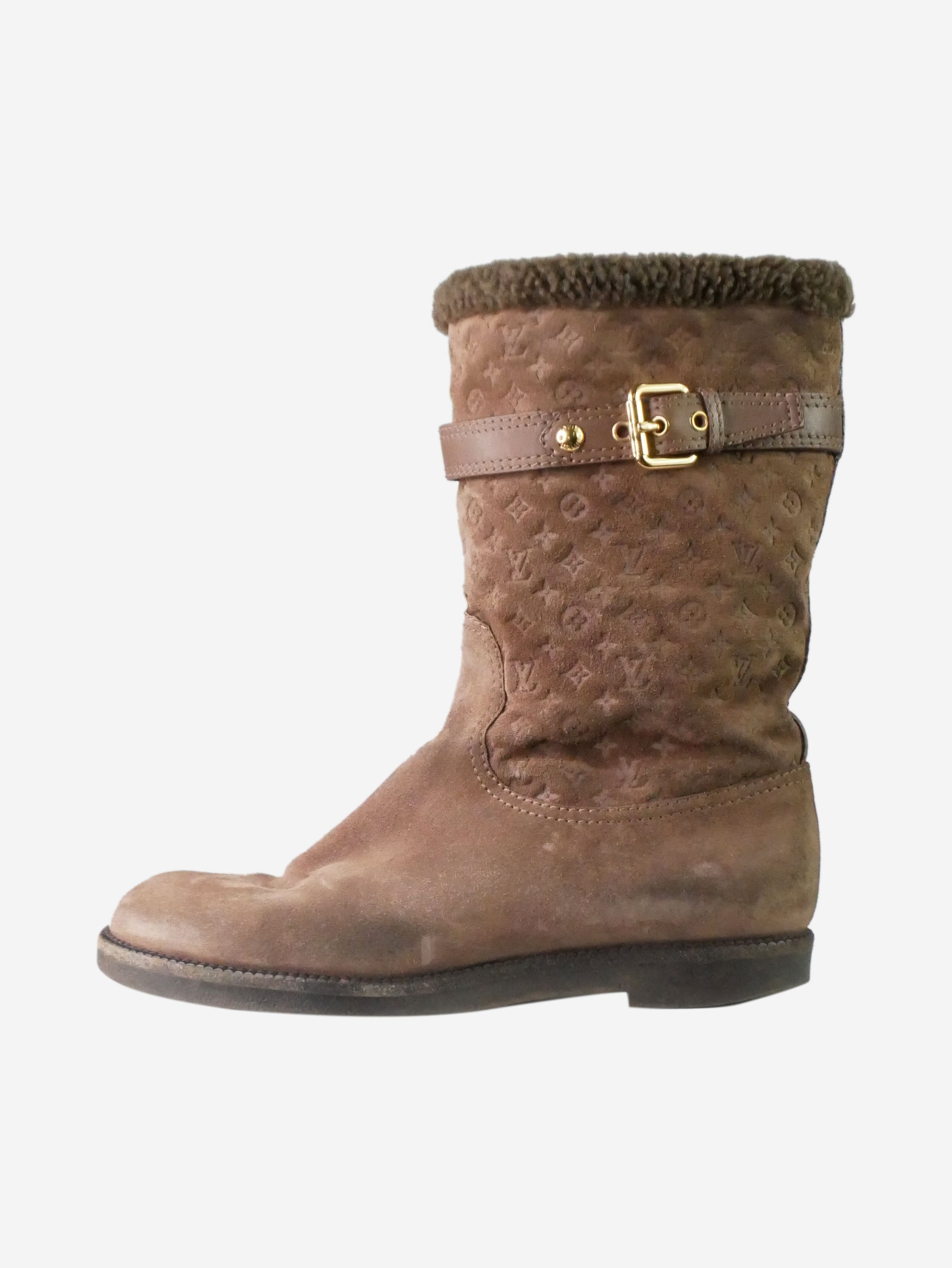 image of Louis Vuitton Brown Monogram Fur Lined Buckled Boots - Size Eu 36, Women's