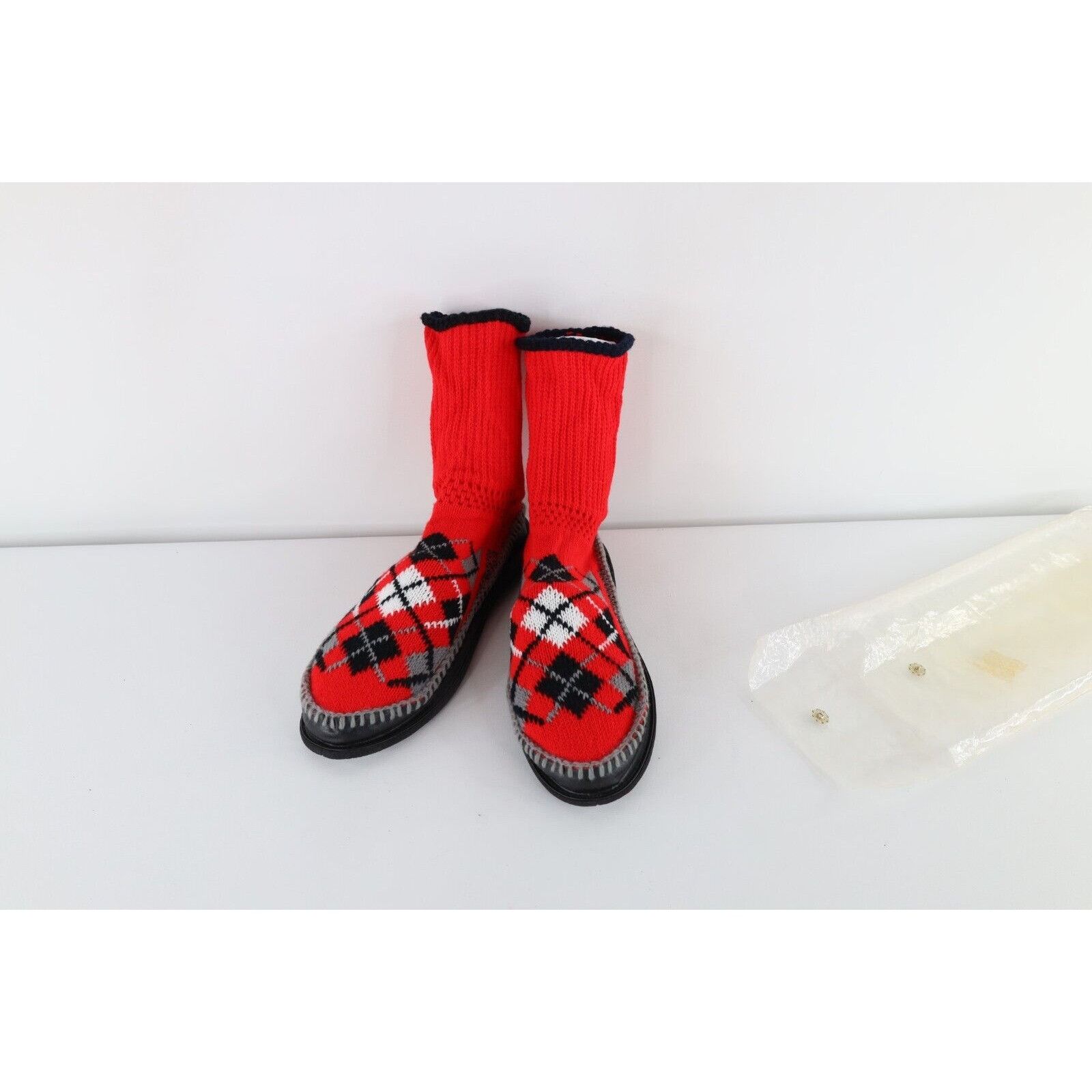 Vintage Deadstock Vintage 60s 70s Crochet Argyle Knit Slippers Size US 12 / EU 45 - 2 Thumbnail