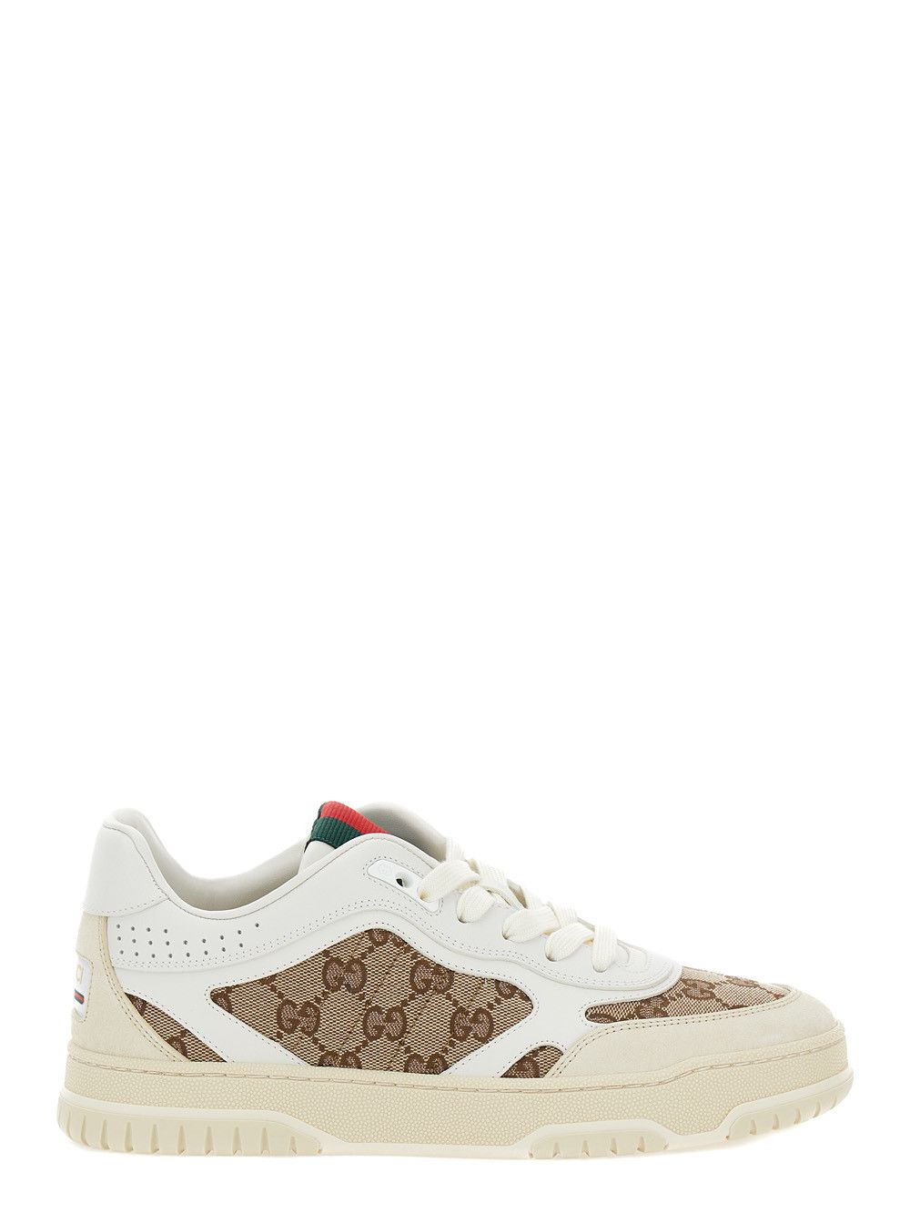 White and Beige Low Top Sneakers with Web Detail in Leather and GG Supreme Canvas Woman
