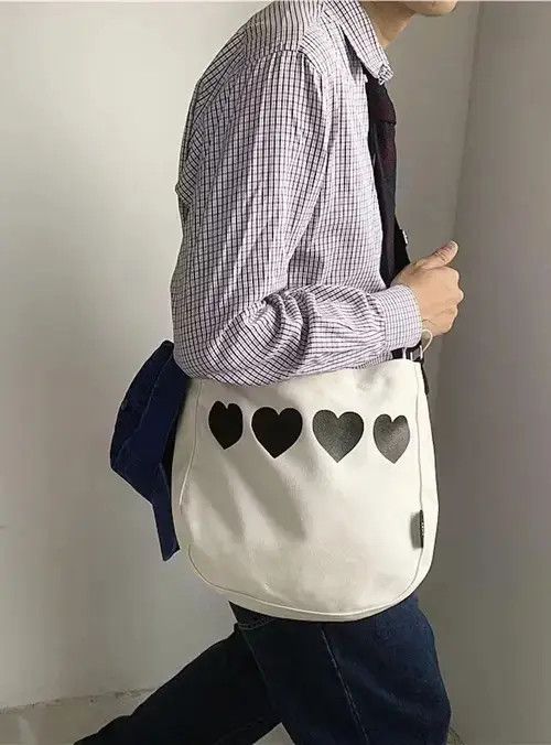 Fashion Heart Print Shoulder Bag Messenger Bag in Beige, Men's
