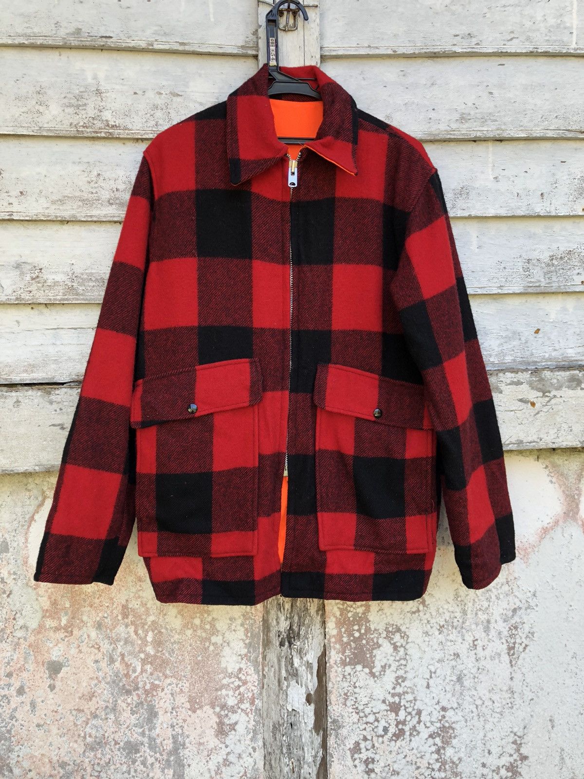 image of Vintage 80's Woolrich Reversible Cruiser Hunting Jkt Talon Zipper in Plaid Red, Men's (Size Small)