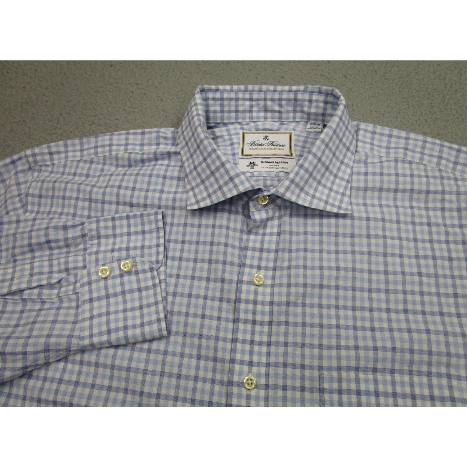 Brooks Brothers VINTAGE Brooks Brothers Dress Shirt Mens 17.5 32/33 Blue Gingham Thomas Mason Cotton Size 48R - 2 Thumbnail
